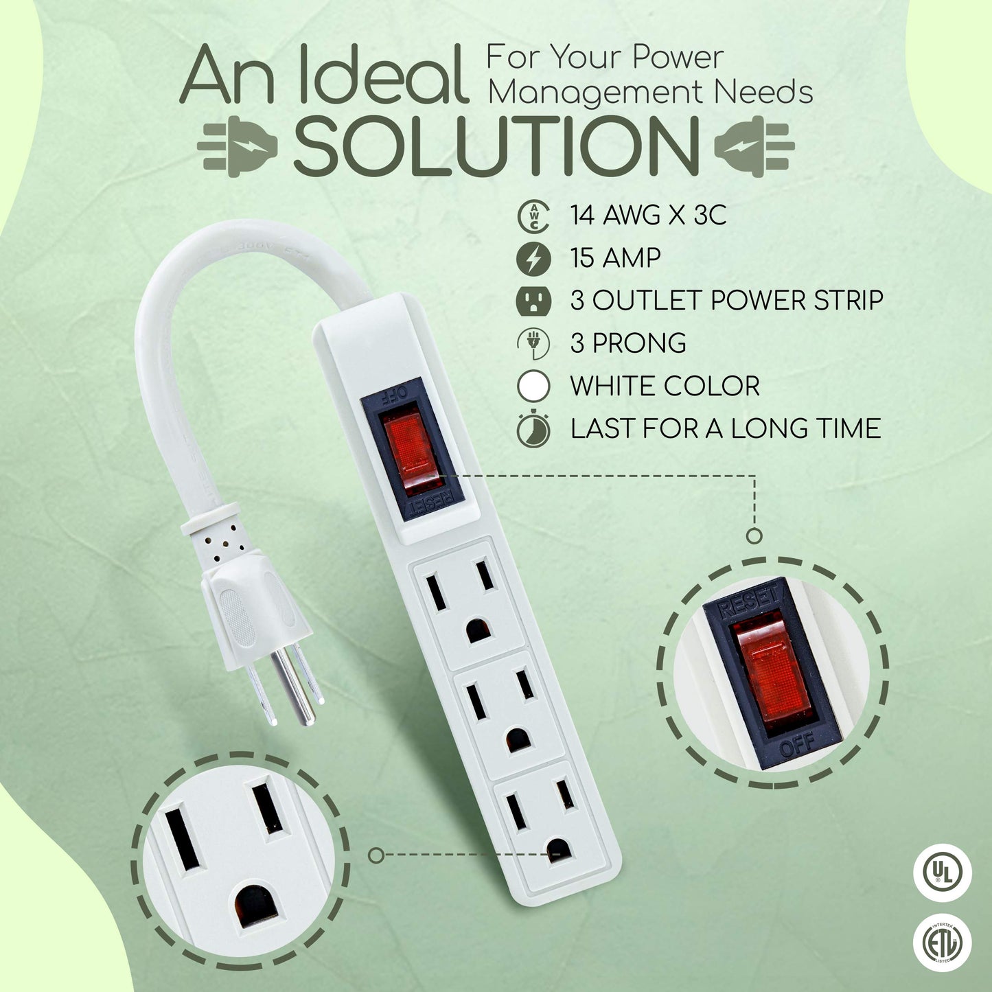 3 Outlet Power Strip - 14 AWG x 3C, 15 Amp Shock Proof, 3 Prong, White, (Pack of 2) - by Revpex