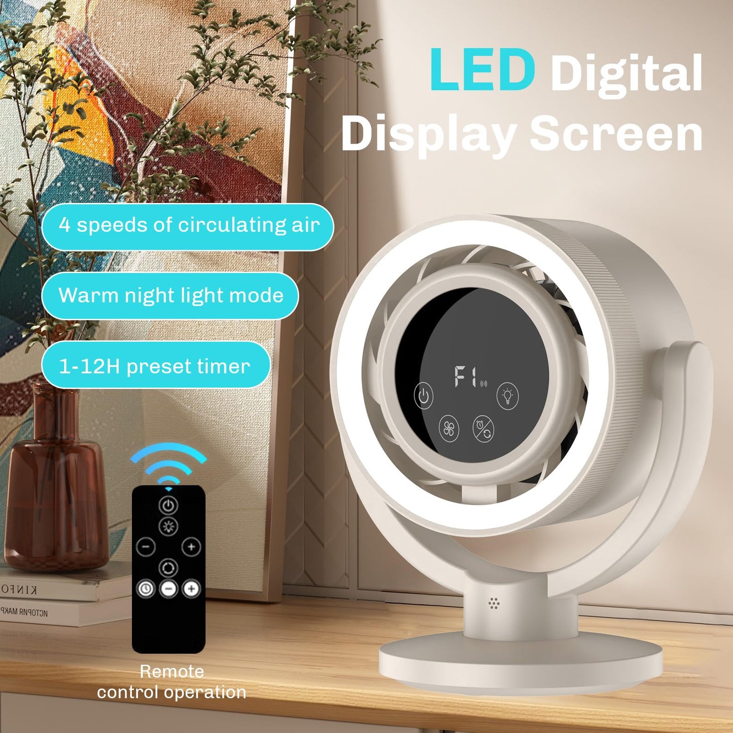 Ultra-Quiet Desk Fan with 4000mAh Rechargeable Battery, portable desk fan,Battery Operated & USB Powered, Low Noise Table Fan with Digital Display