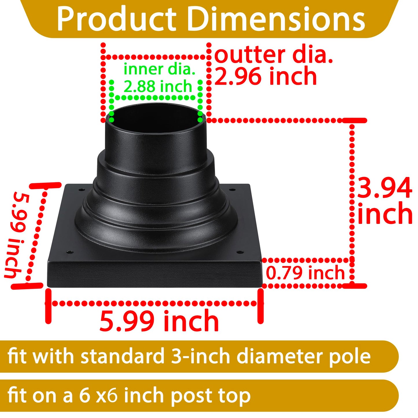 Faymart lighting 2-Pack Square Anchor Base for Post Mounted Outdoor Lamps Aluminum Alloy Pedestal Mount Base for Stone Walls, Matte Black 6x6 Post Cap