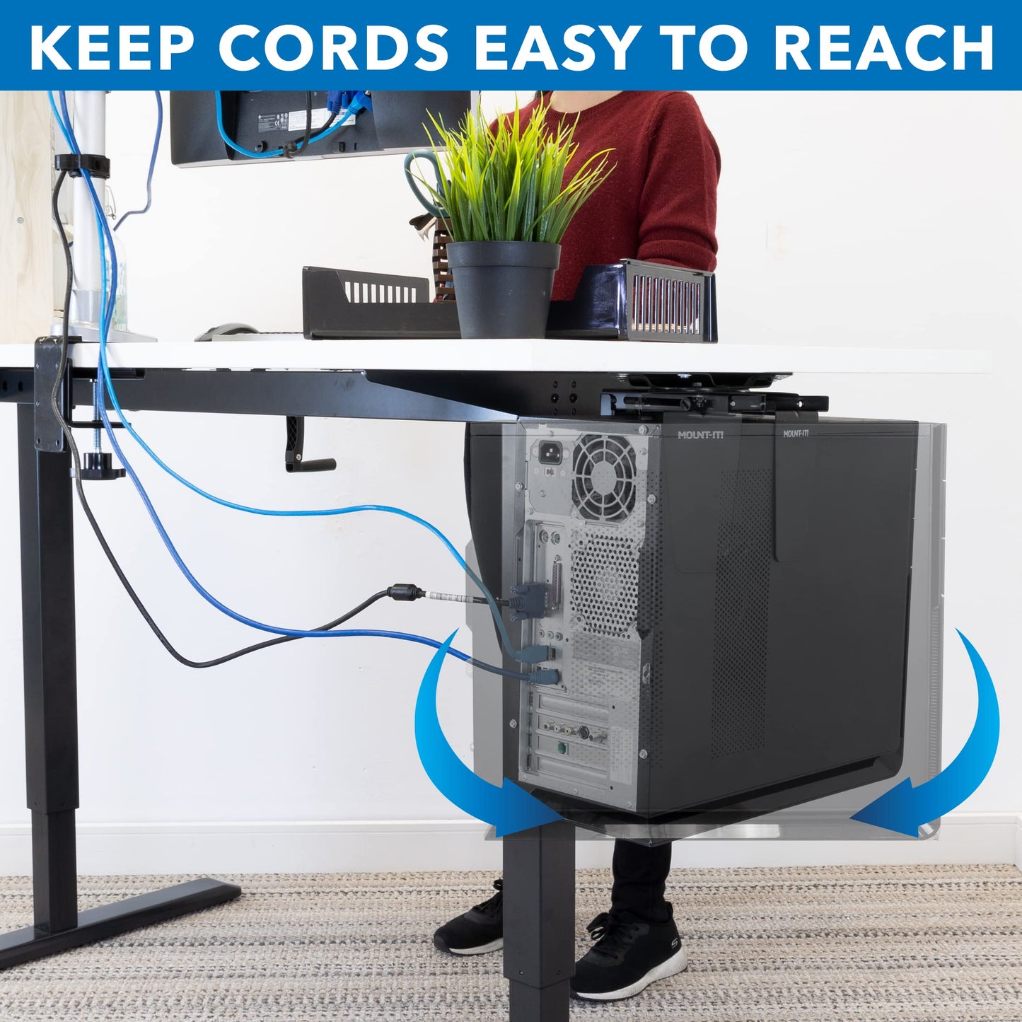 Mount-It! CPU Under Desk Mount Bracket - Computer Tower Wall and Under Counter Holder, 360 Degree Swivel Adjustable Height and Width Wall-Mountable
