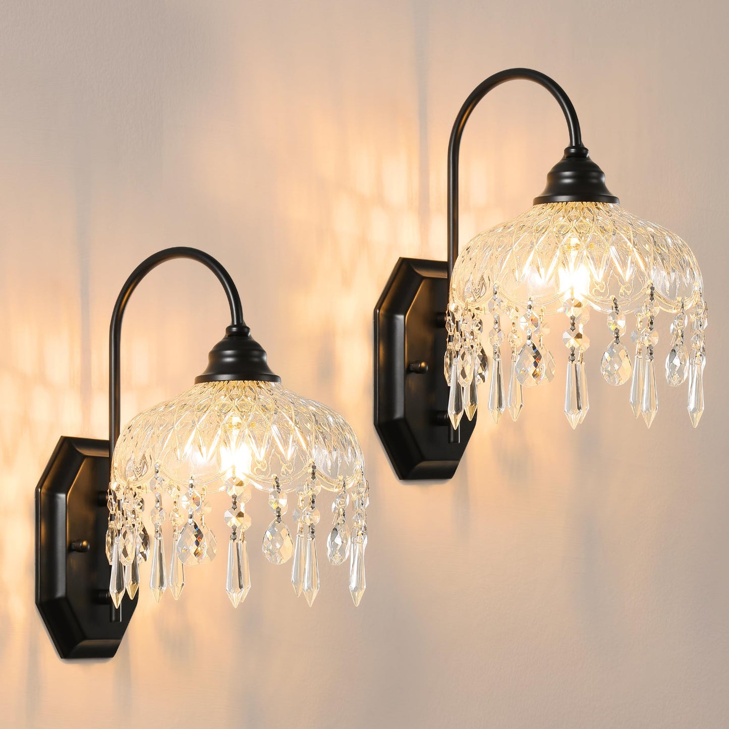 LOSNEOLAZ 2-Pack Vintage Glass Crystal Wall Sconce, Matte Antique Black Finish, for Bedroom Bathroom Hallway Living Room