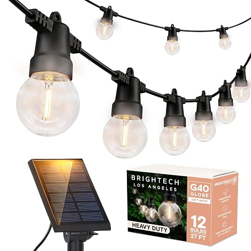 Brightech Ambience Pro Solar Powered Outdoor String Lights - 27 Ft Commercial Grade Waterproof Patio Lights with Edison Globes, Shatterproof LED