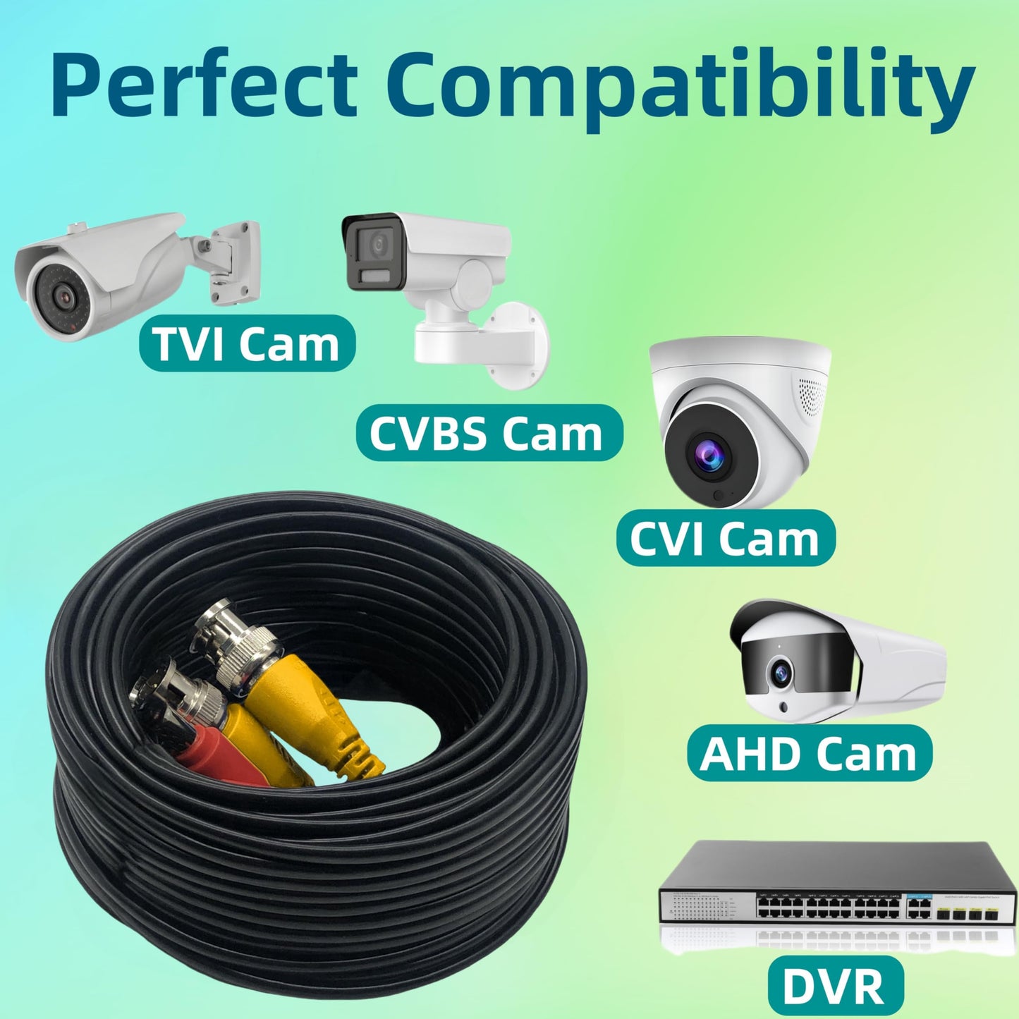 LETONDA 4PCS 100ft/30m Integrated BNC Video Power Cable ext. for Security Cameras, CCTV, Surveillance & DVR installs