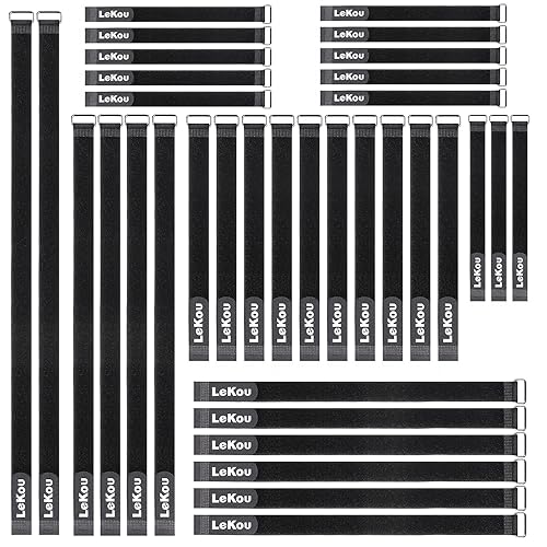 Lekou 35 Pack Cable Straps,8"-12"-18"-24"-30" Reusable Cable Ties, Hook and Loop with Metal Buckle, Fastening Securing for Cord Organizer Wire