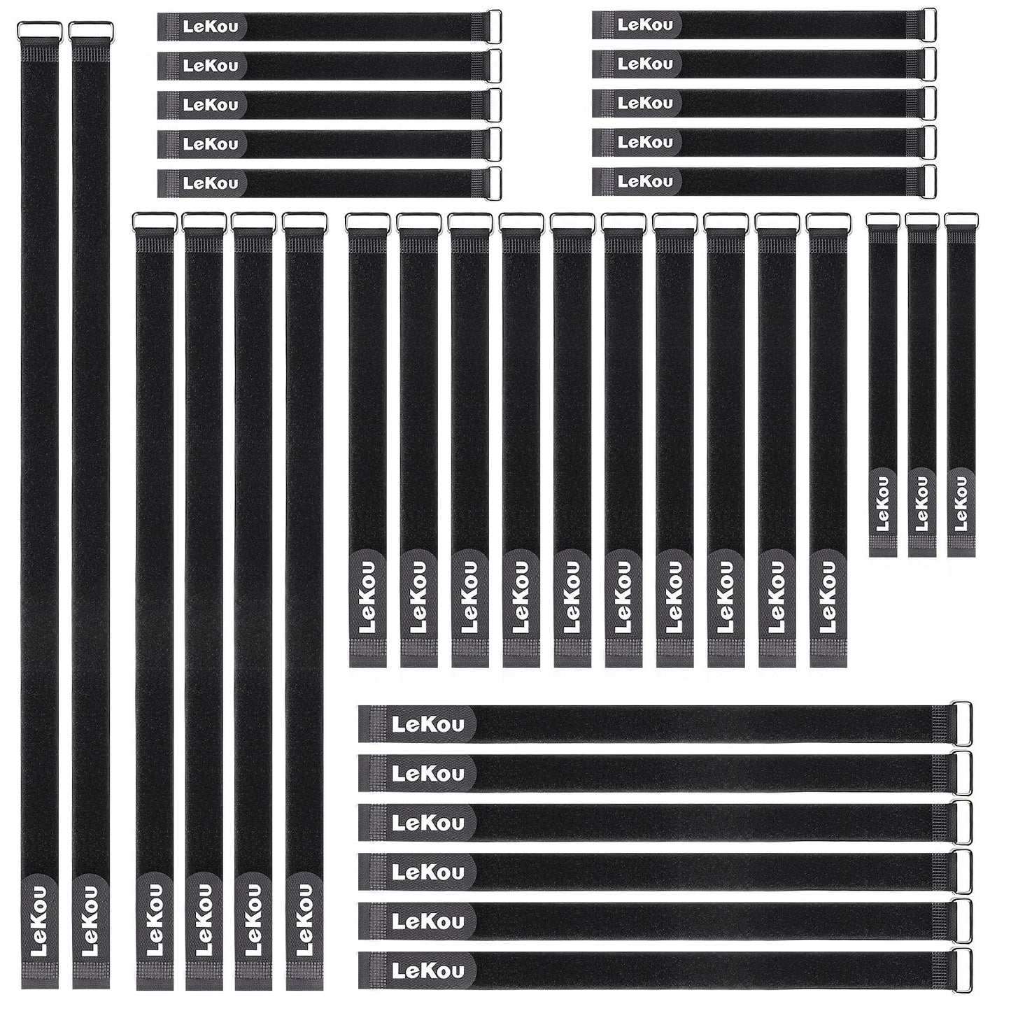 Lekou 35 Pack Cable Straps,8"-12"-18"-24"-30" Reusable Cable Ties, Hook and Loop with Metal Buckle, Fastening Securing for Cord Organizer Wire