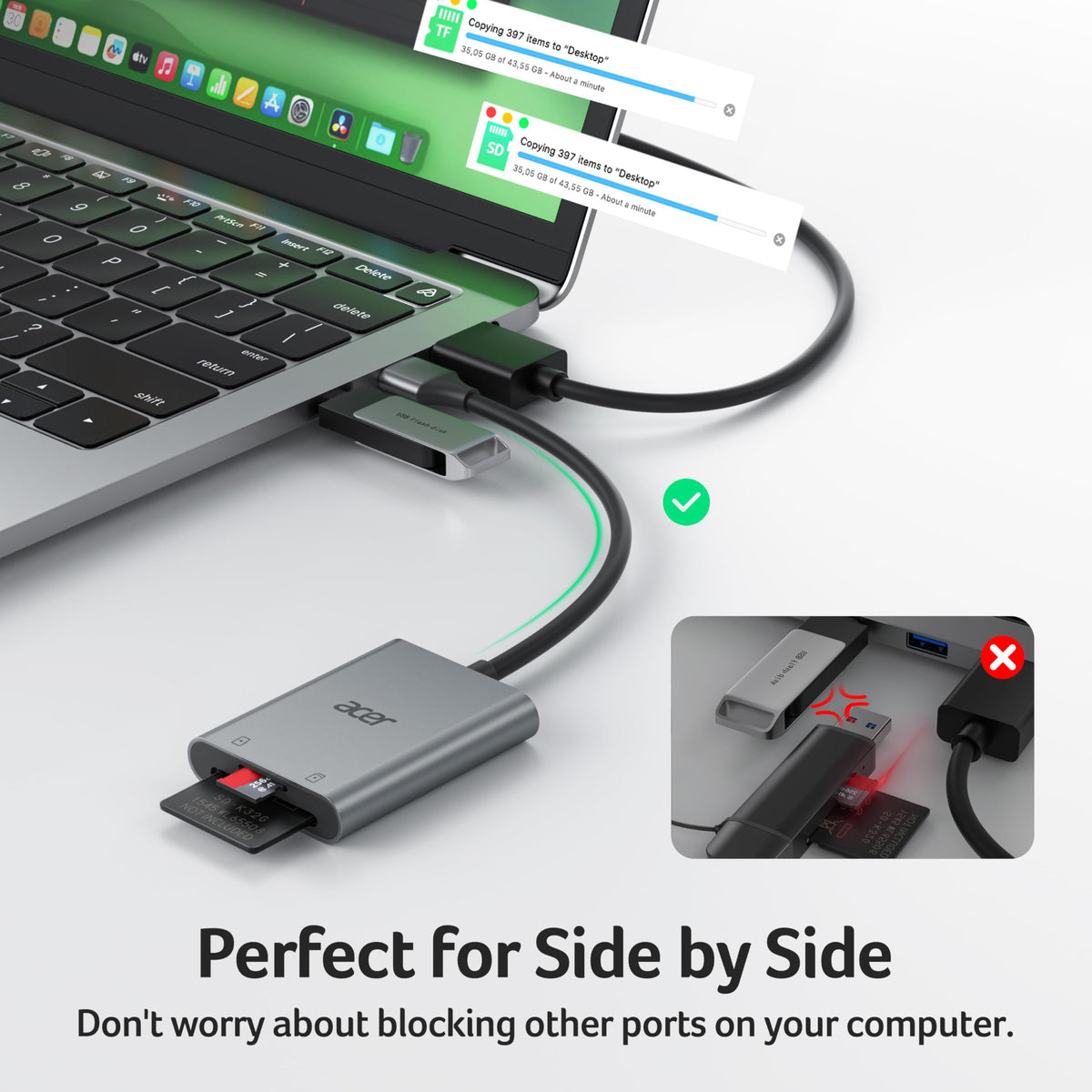 Acer SD Card Reader, USB A 3.0 to Micro Memory Card Reader, Aluminum Dual Slot SD to USB Adapter for Computer, PC, Laptop and Type A Devices
