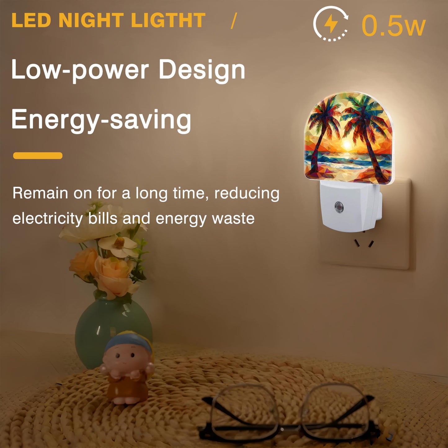 FOISIIAEA Night Lights Plug into Wall Beach Sunset with Palm Trees Night Light Dusk to Dawn Smart Sensor Decorative Round Led Lamp for Bedroom Kitchen