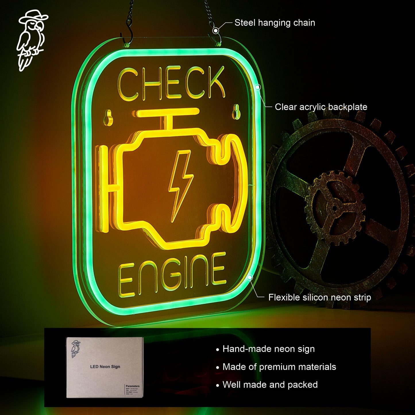 Check Engine Neon Sign for Wall Decor Garage Light LED Light USB Powered for Man Cave Auto Repair Shop Workshop Party Birthday Gift