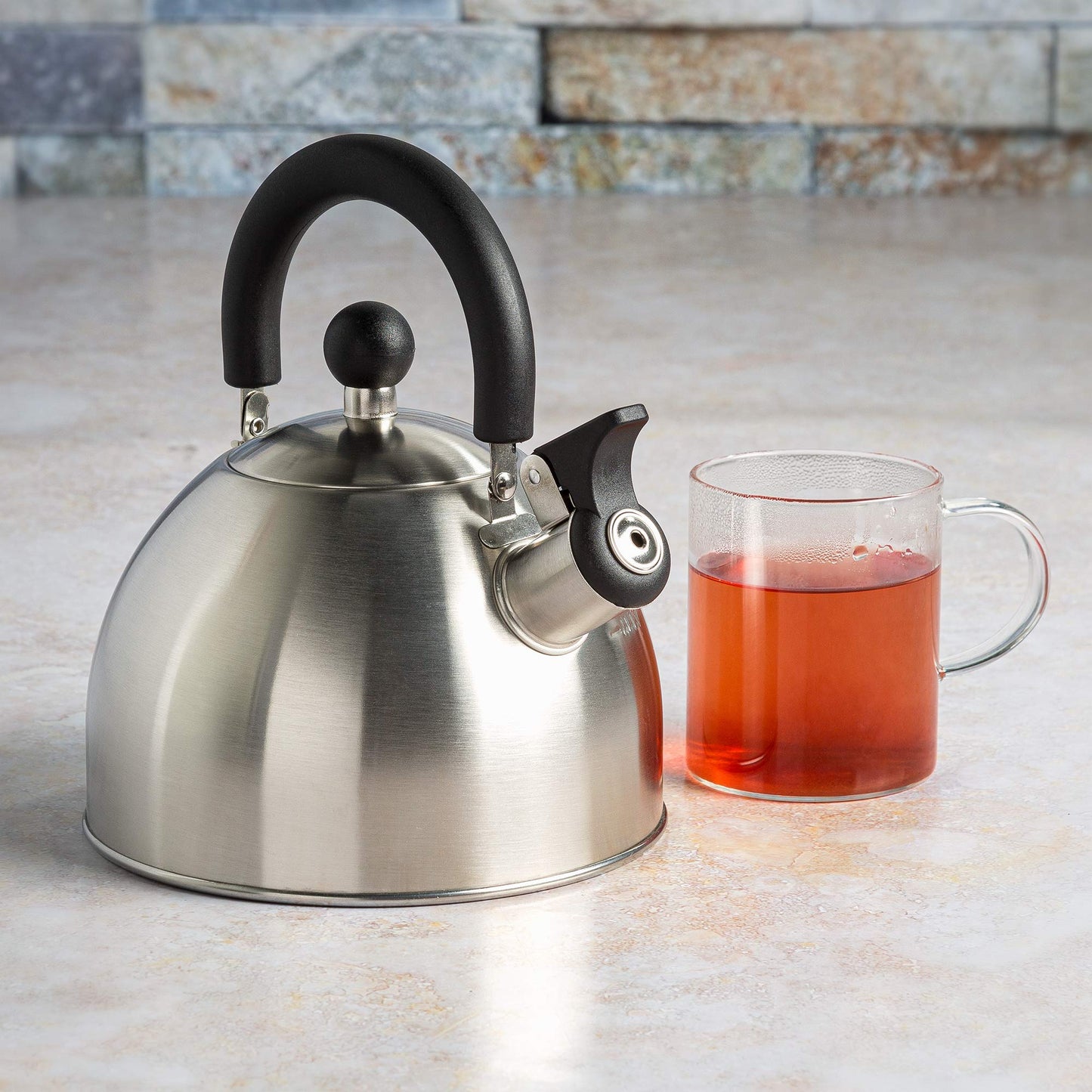 Primula Stewart 1.5-Qt Whistling Tea Kettle – Food-Grade Stainless Steel, Fast Boil, Cool-Touch Folding Handle, Brushed Finish with Black Handle