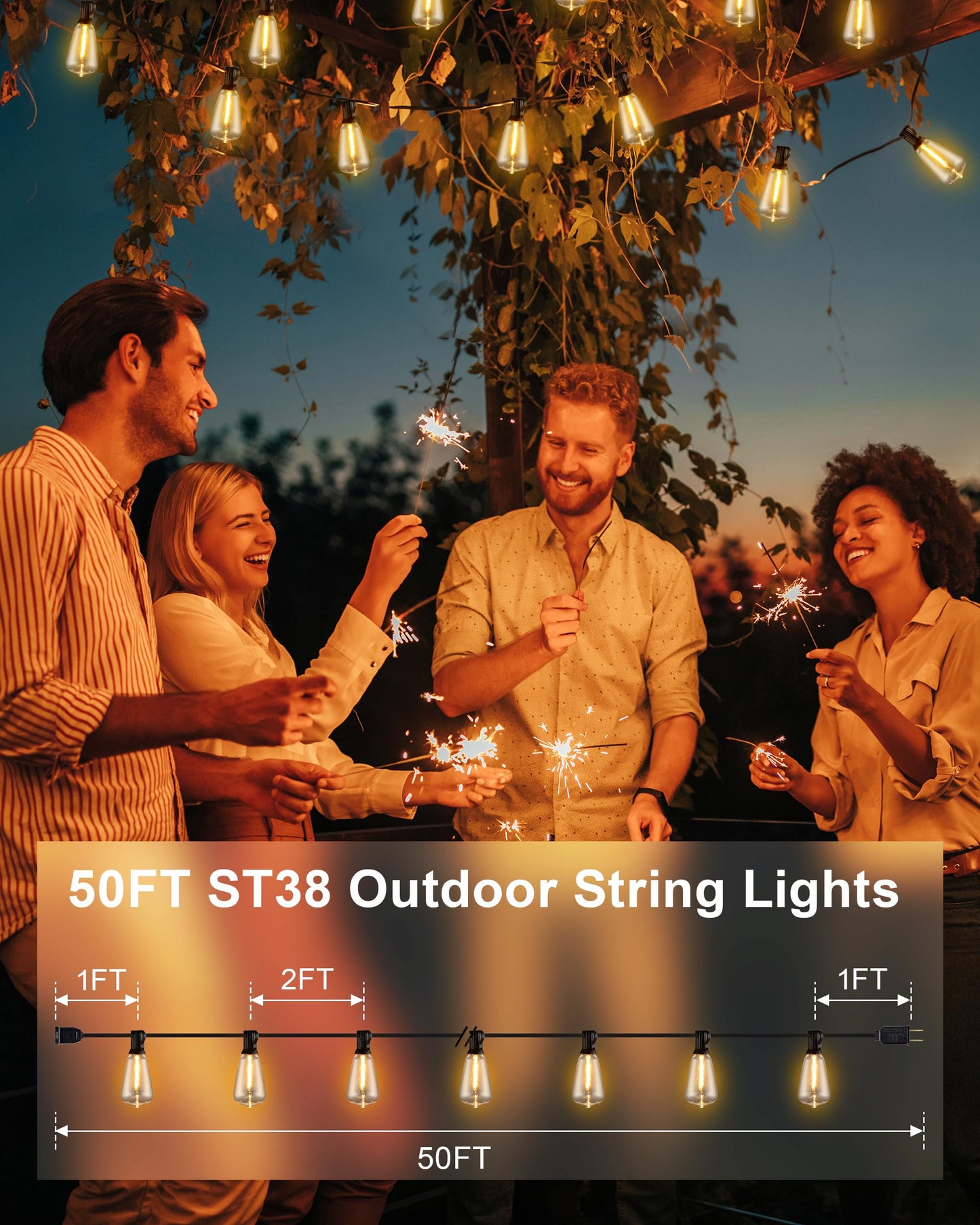 DELITOR Patio String Lights Plug in 50FT LED Outdoor String Lights with IP65 Waterproof 27 Bulbs, Connectable Dimmable Edison ST38 Outside Lights