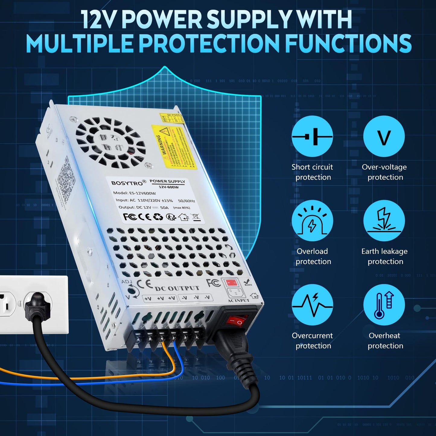 BOSYTRO 12V DC Power Supply 600W 50A AC to DC Converter Switching Power Supply for Led Strip, Motor Pump, CCTV, 3D Printer, Electronic Instruments…
