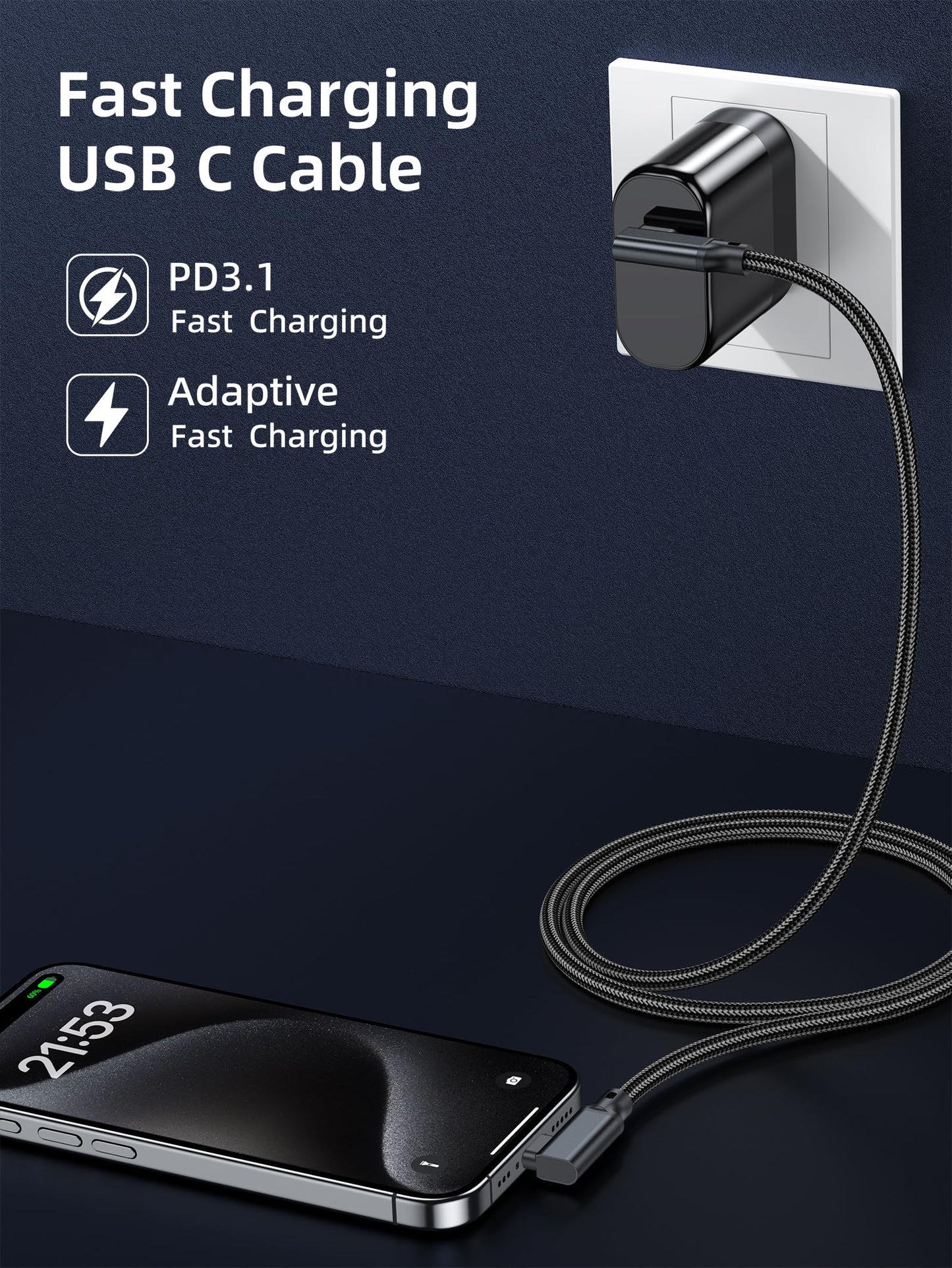 240W USB C to USB C Cable 10FT,Right Angle PD 3.1 Type C to C 5A Fast Charging Cable for MacBook Pro/Air,iPad