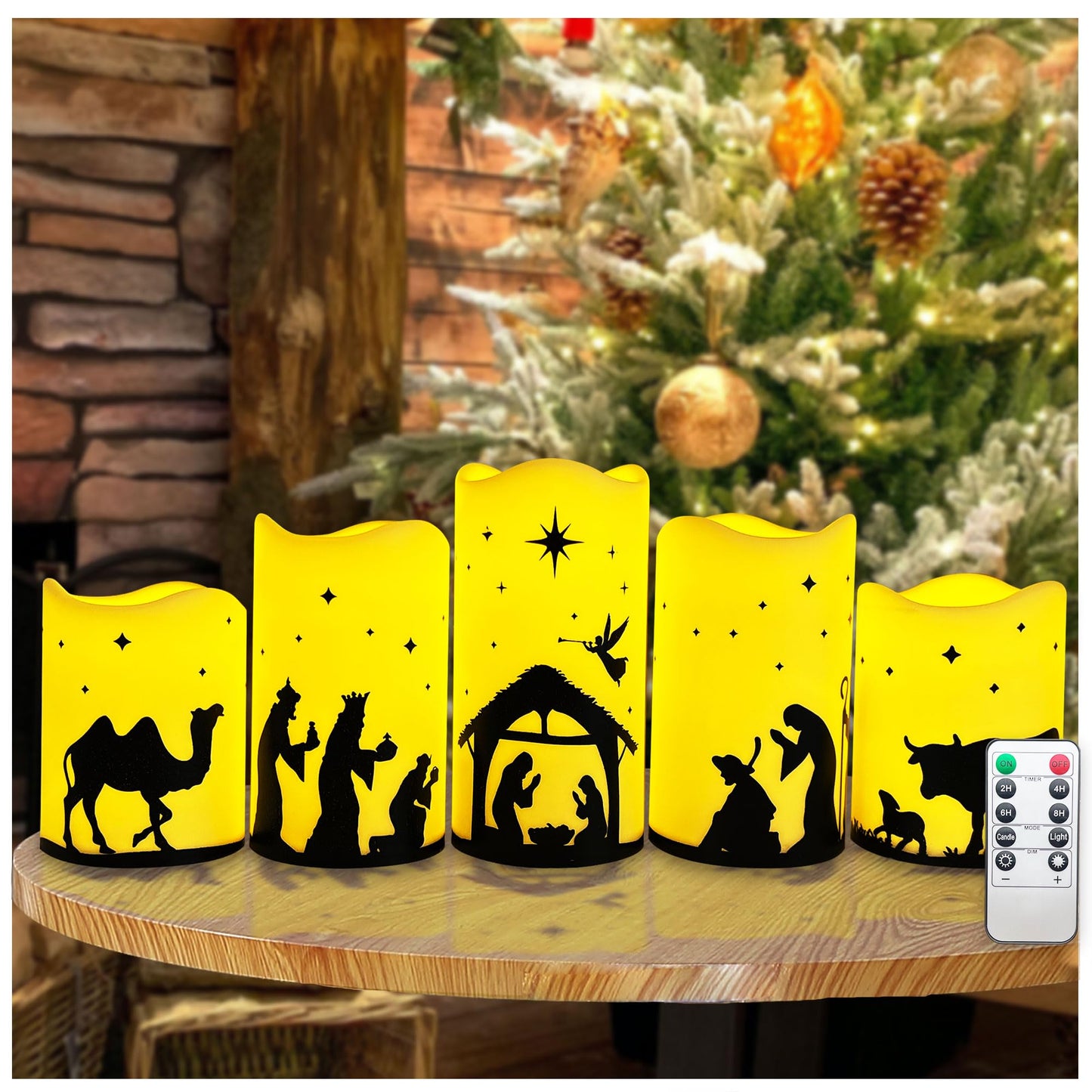 QVAIVE Flameless Christmas Nativity Scene Candles, Pillar Flickering Religion Candle with Timer Remote,Battery Operated LED Fake Candle for Xmas Home
