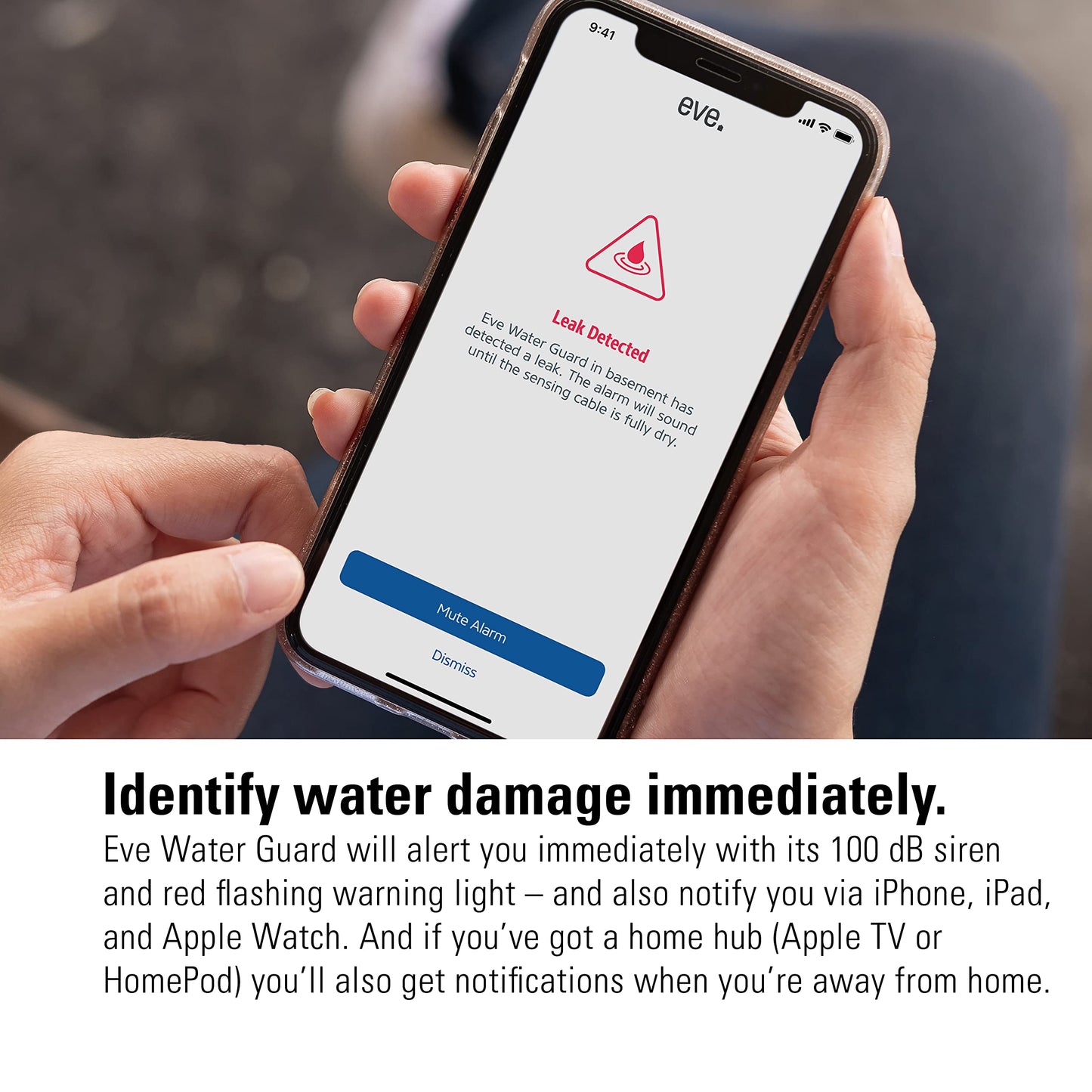 Eve Water Guard - Smart Home Water Leak Detector, 6.5 ft Sensing Cable, 100 dB Siren, (Apple HomeKit), App Notifications, Bluetooth, Thread