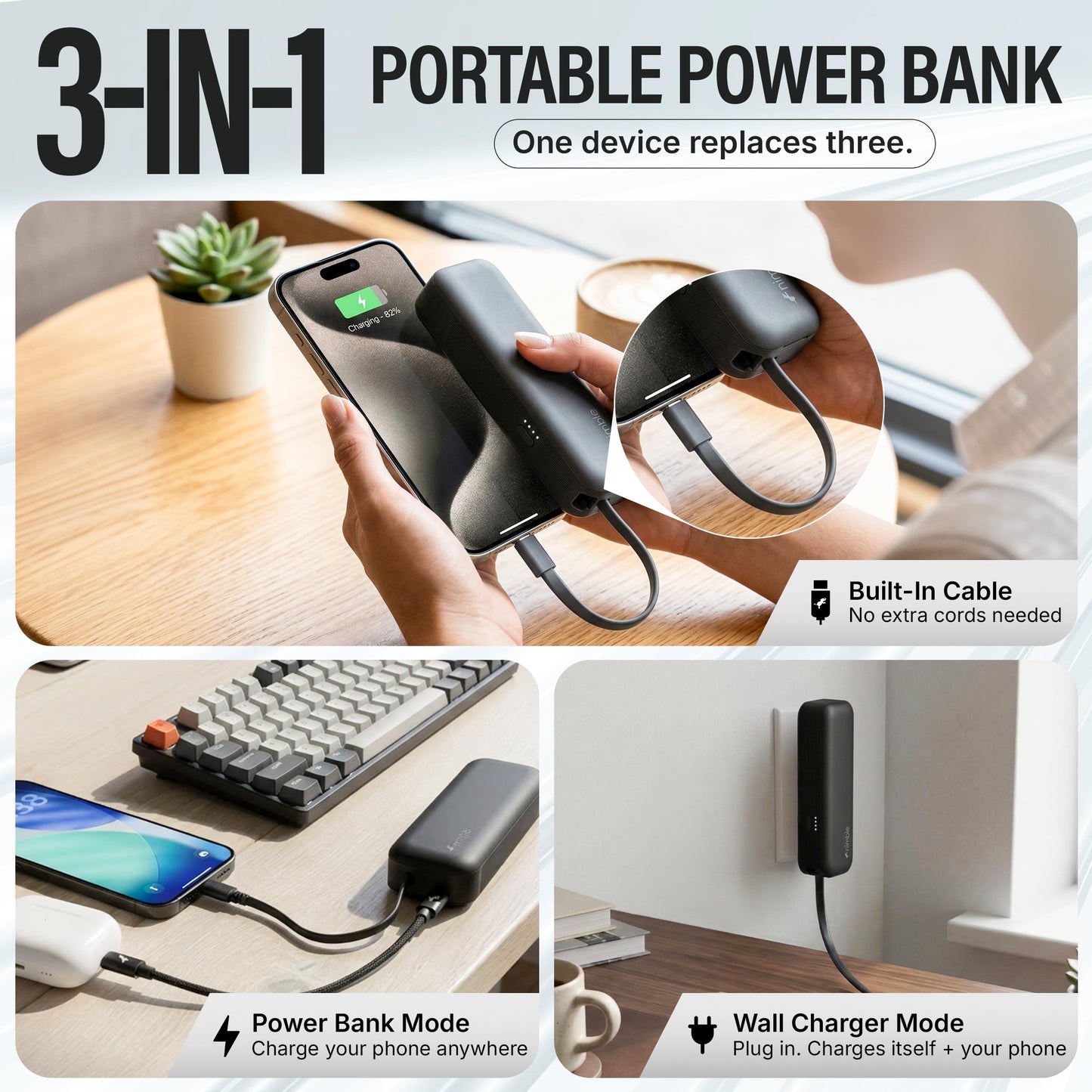 Nimble Wally Pro 20, 2-in-1 Portable Wall Charger + 5,000mAh Power Bank with Foldable Plug, Built-in USB-C Cable, 20W Fast Charging Battery Pack