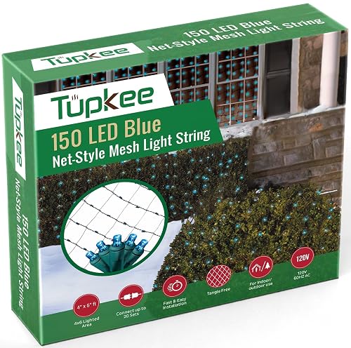 Tupkee Christmas Light Net - 150 LED Blue Mesh Lights - 4 ft x 6 ft - Outdoor/Indoor - Net Lights for Bushes, Hedges or Trees