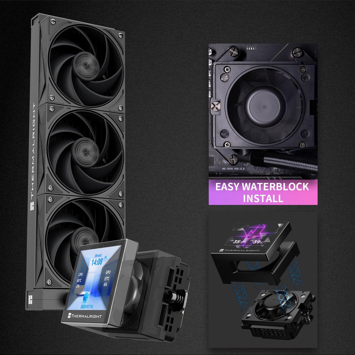 Thermalright Stream Vision 360 Black-360mm AIO CPU Liquid Cooler,3.5’’Square LCD Display for Images,Magnetic Suction High-Performance Pump for 640x480