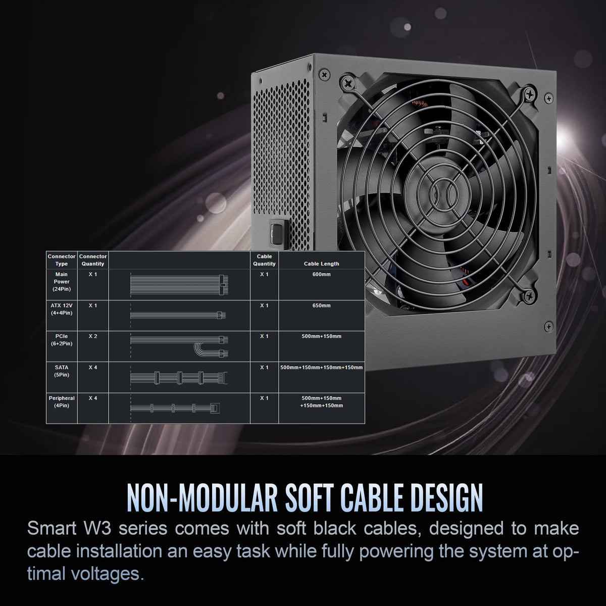 Smart W3 Series 80Plus Certified 600W Power Supply; ATX v3.1 Spec; 120mm FDB Fan; 5 Year Warranty; PS-SPW-0600NNFAWU-1