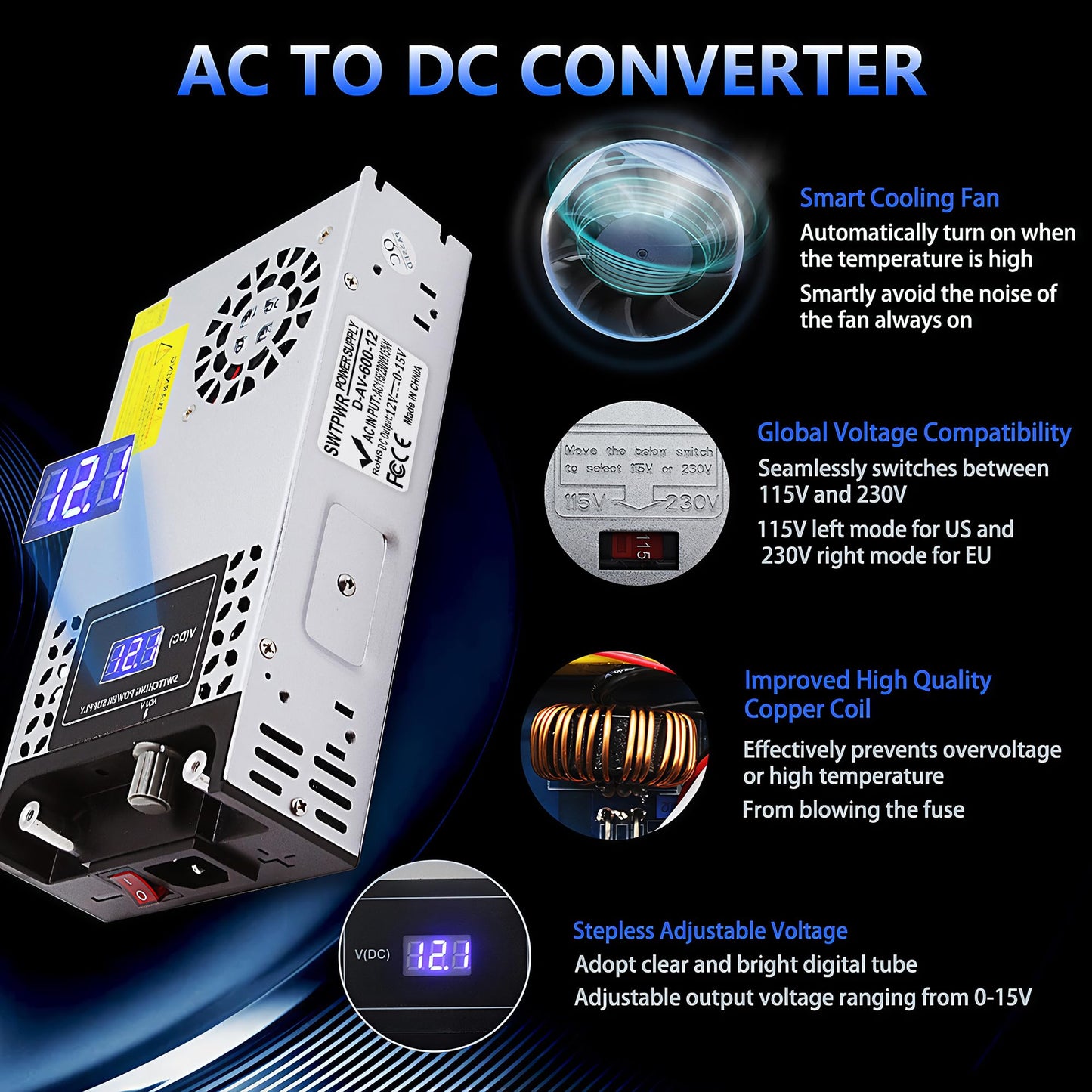 Adjustable Power Supply DC 0-12V 600W with LED Display 12V Power Supply Variable AC to DC Converter 110V to 12V Designed for LED Light Car Stereo…