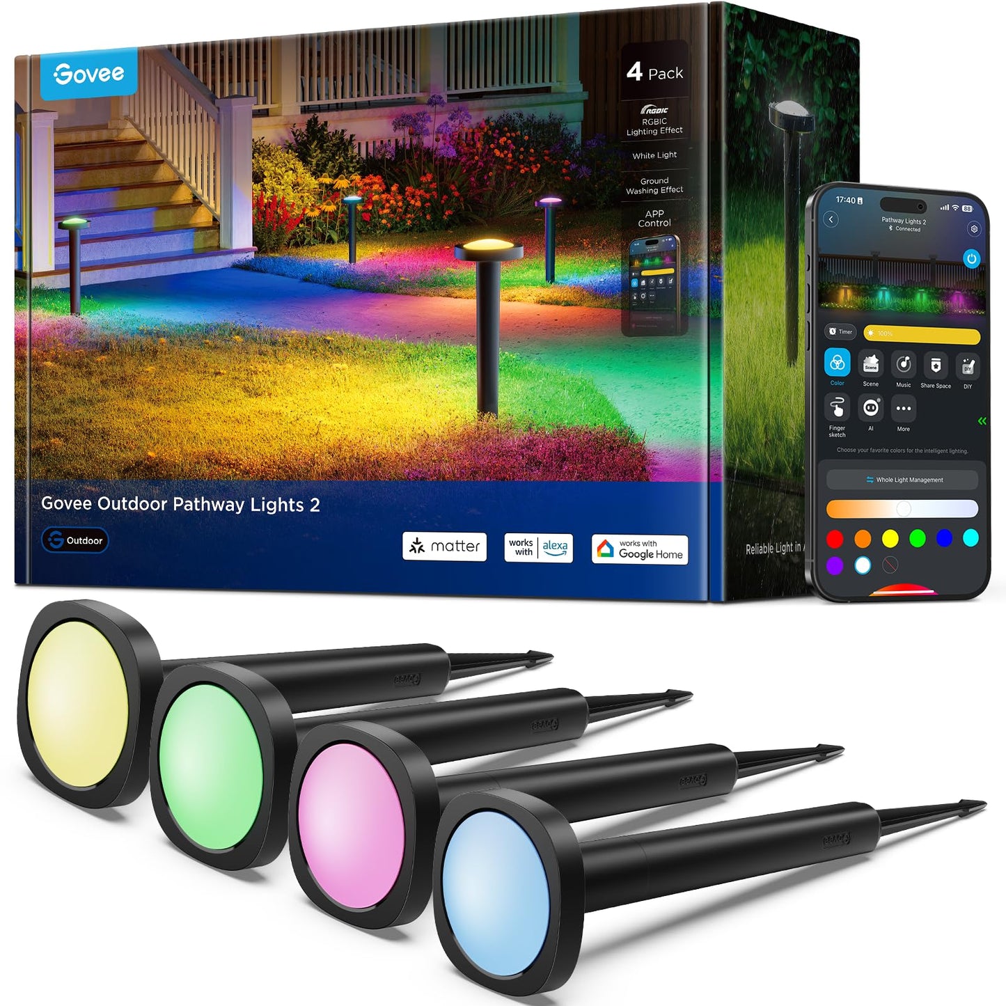 Govee Outdoor Pathway Lights 2, IP66 Waterproof Patio Lights, 60+ Scene Modes Landscape Lighting for Yard, Garage, Garden, Lawn, Outdoor Decor, Works