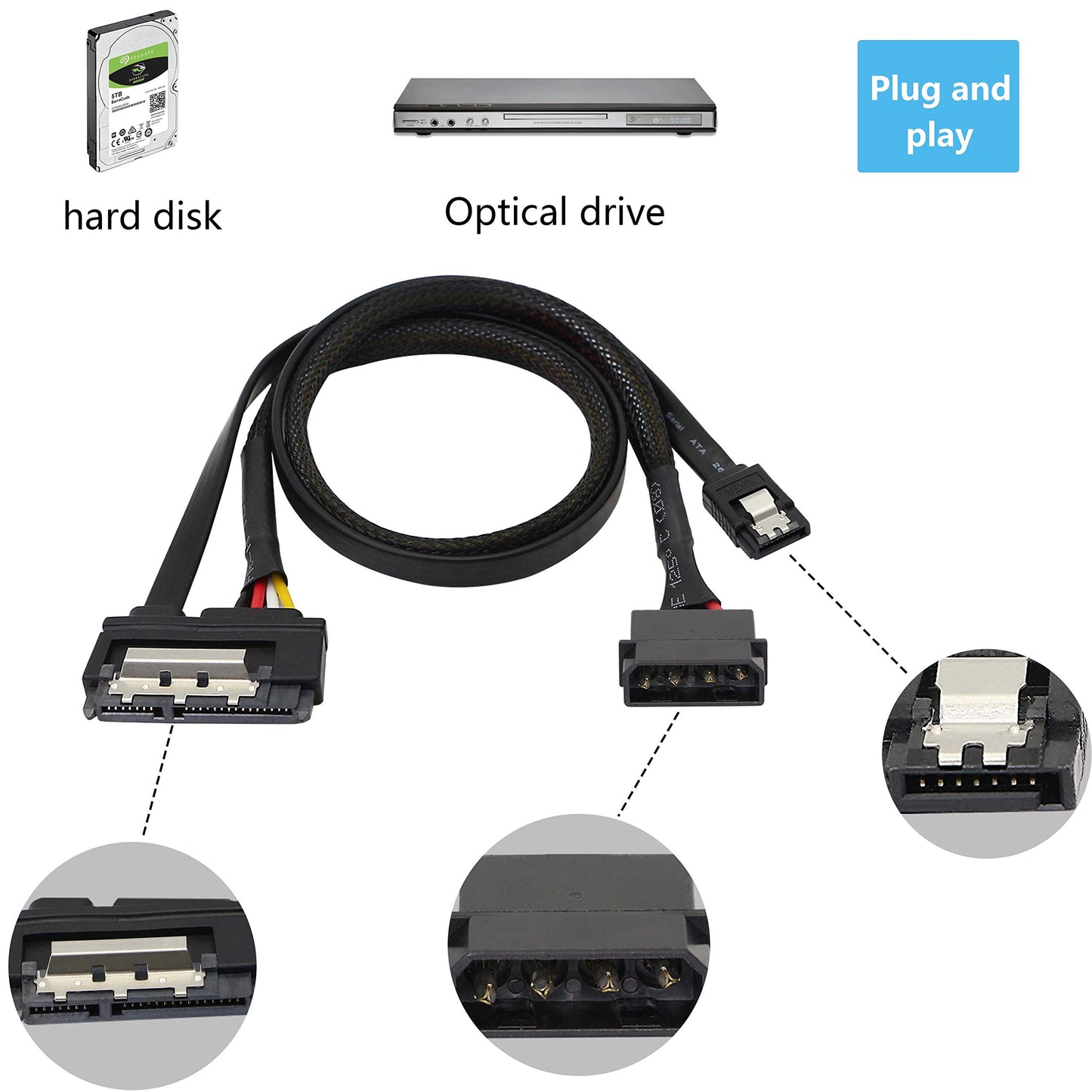 SATA 6G Data Cable, SATA Power 2-In-1 Extension Cord, LP4 IDE 4 pin to SATA 15P Female with Serial ATA III 7 Pin Female for HDD, SSD, Optical Drives