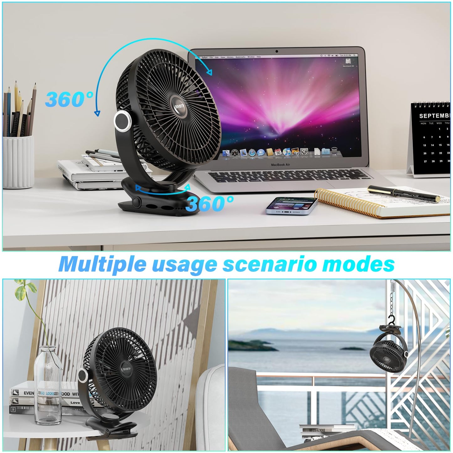 BIVBTP 12000mAh Clip on Fan 30H Longest Runtime, 8in Portable Fan Rechargeable, Ultra Quiet with Heavy-Duty Clamp, USB Desk Fans for Golf Cart,Office