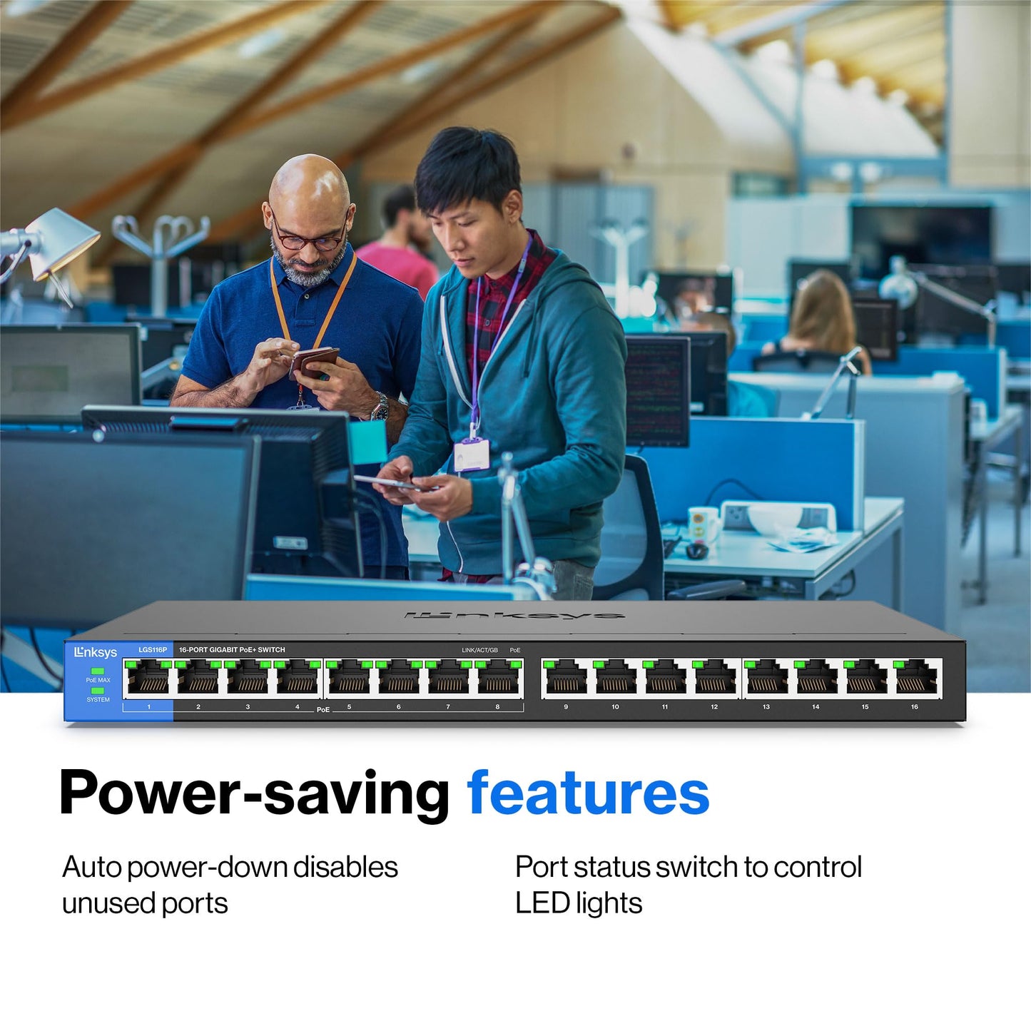 Linksys LGS116P 16 Port Gigabit Unmanaged Network PoE Switch with 8 PoE+ Ports @ 80W - Ideal for Business, Home, Office, IP Surveillance - Ethernet
