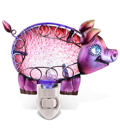 Puzzled Glass Pig Night Light - Decorative Glass Art Animal Night Light for Kids with On and Off Switch, Cute Lamp for Nursery Room, Perfect Plug in