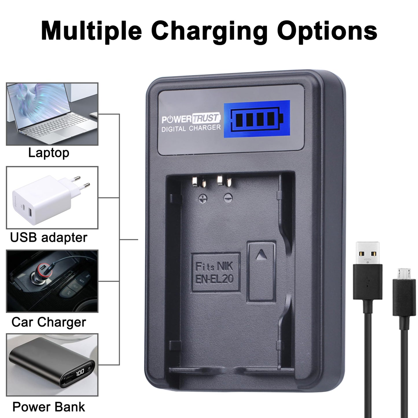 PowerTrust 2 Pack EN-EL20 EN-EL20a Camera Battery and LCD USB Charger for NIKON 1 J1 J2 J3 S1 AW1 CAMERA Batteries