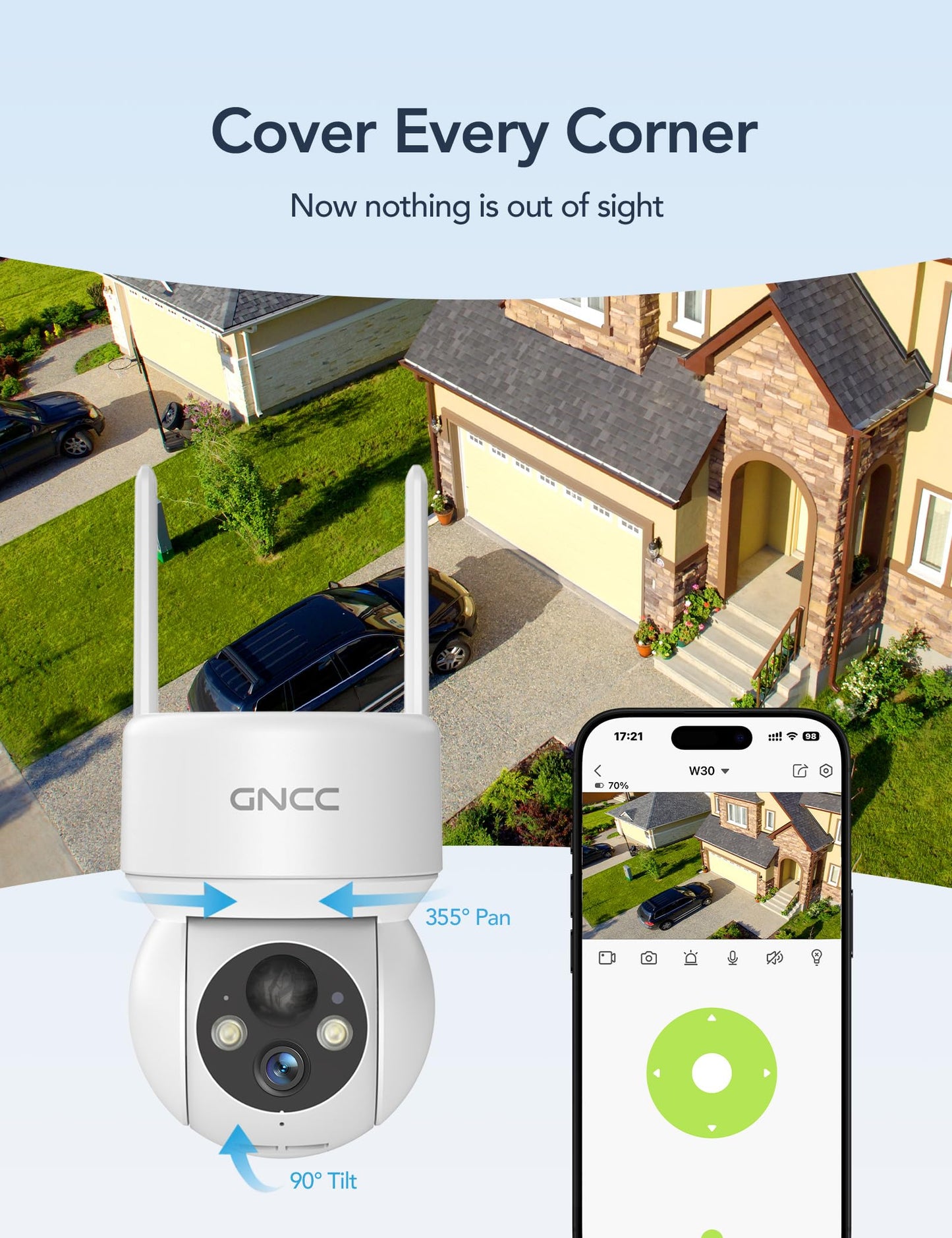 GNCC Solar Security Cameras Wireless Outdoor 2.4G WiFi, 360° View, Solar/Battery Powered, AI Human Detection, Color Night Vision, 2-Way Audio