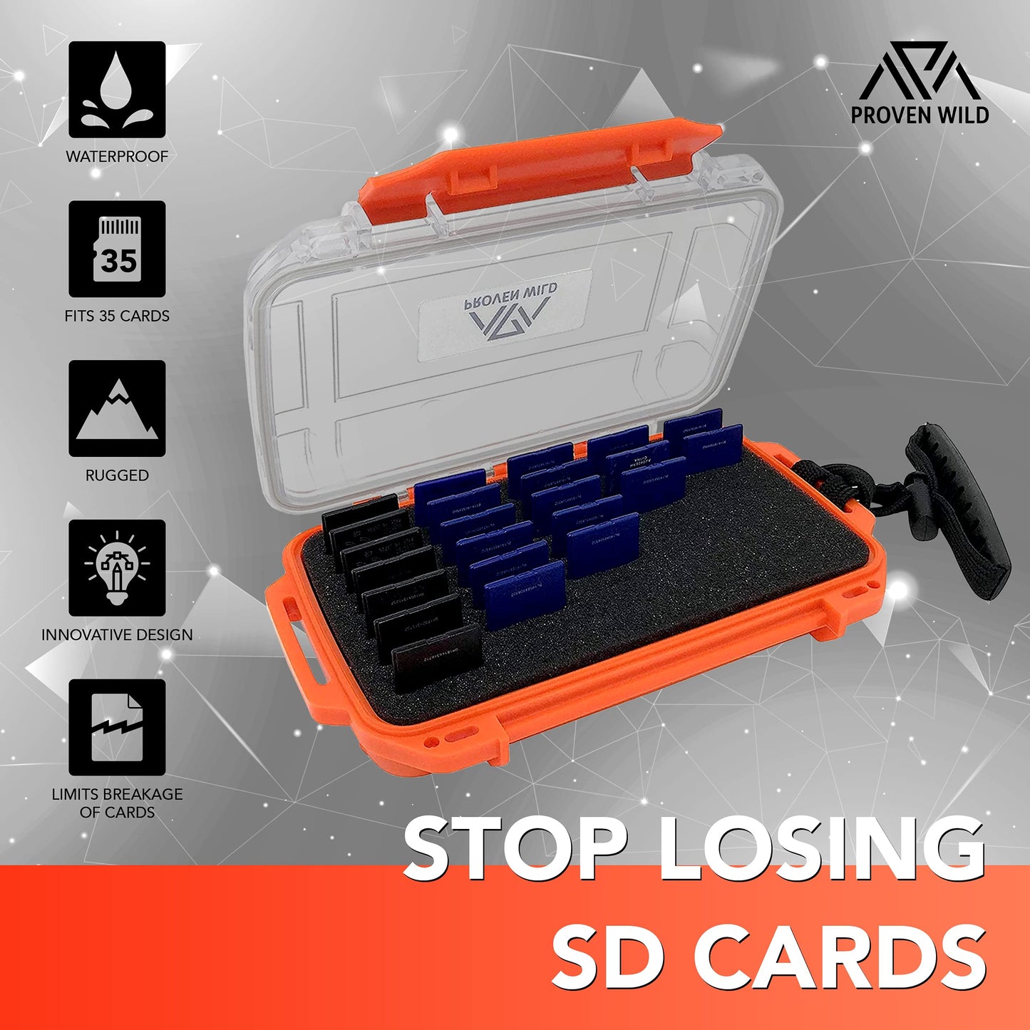SD Card Holder by Proven Wild | Durable, Waterproof SD Card Case | SD Card Holder Case Holds 35 SD Cards Upright | Standard Memory Card Holder