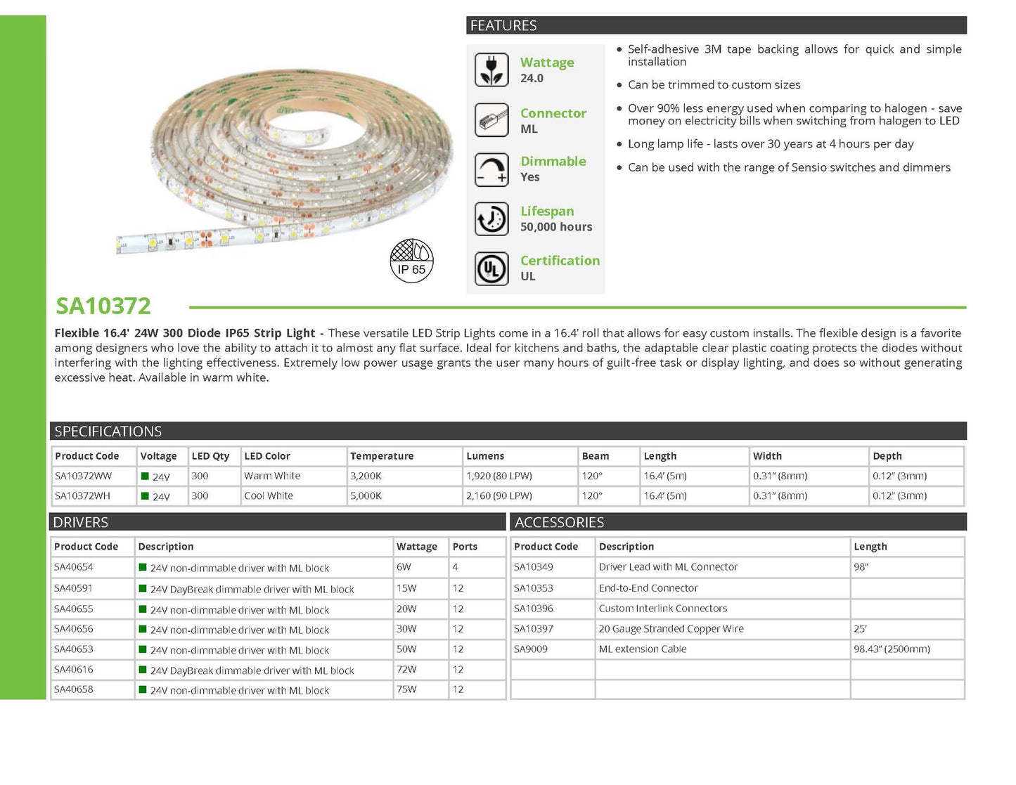 Transolid SA10372WH Sensio LED 24V 24W 300D Ip65 Flexible Strip Light, 196.85", Warm White