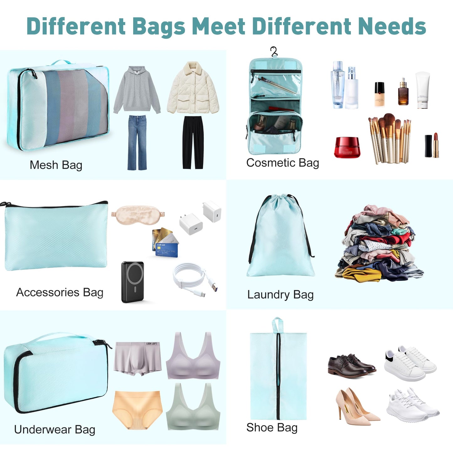 Toncoke 8-Piece Packing Cubes for Travel – Mesh Luggage Organizer Bags for Women, Men & Kids, 4 Sizes, Travel & Camping Essentials, Lake Blue