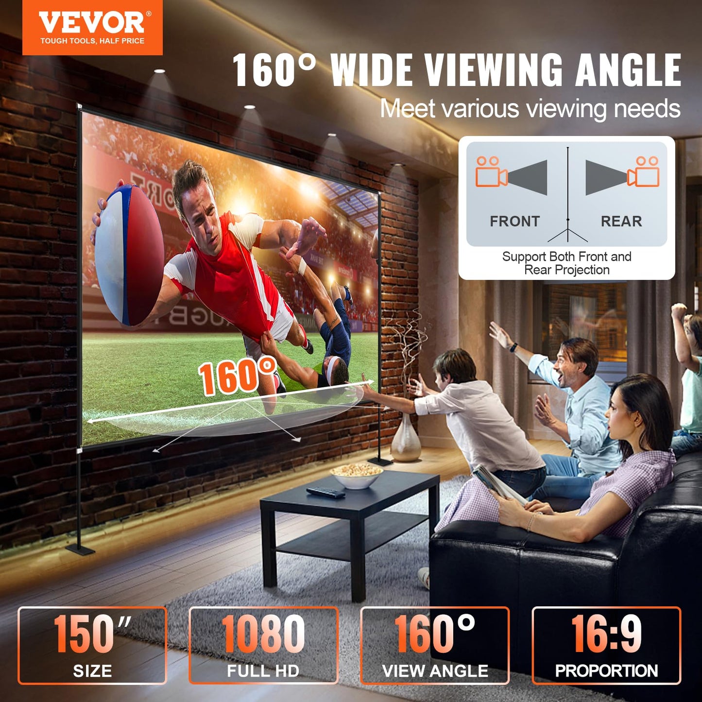 VEVOR Outdoor Movie Screen w/Stand, 150" Portable Movie Screen, 16:9 HD Wide Angle Outdoor Projector Screen, Front & Rear Projection, w/Storage Bag