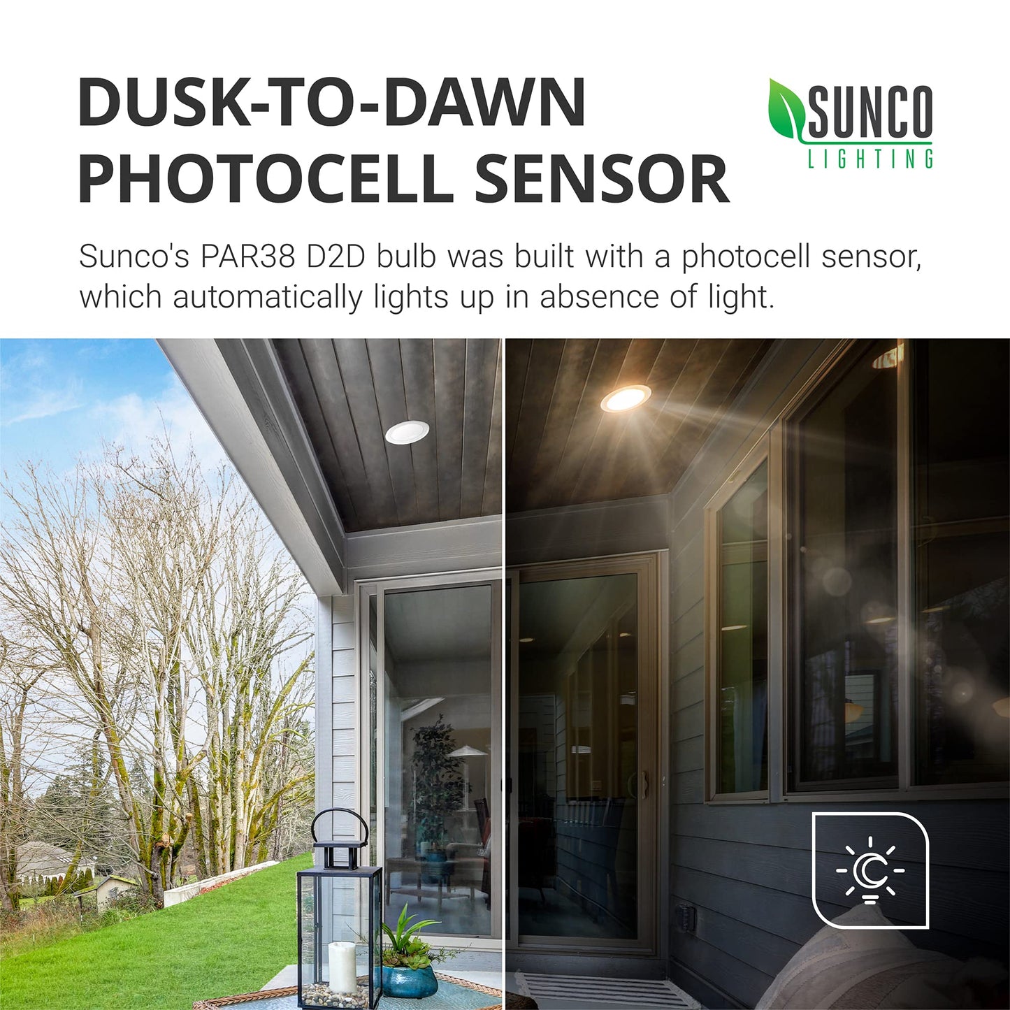 Sunco Dusk to Dawn Outdoor Flood Light Bulb, Waterproof PAR38, 120W Equivalent 15W, Exterior, Wet-Rated, 5000K Daylight 1250 LM, E26 Base, for Porch