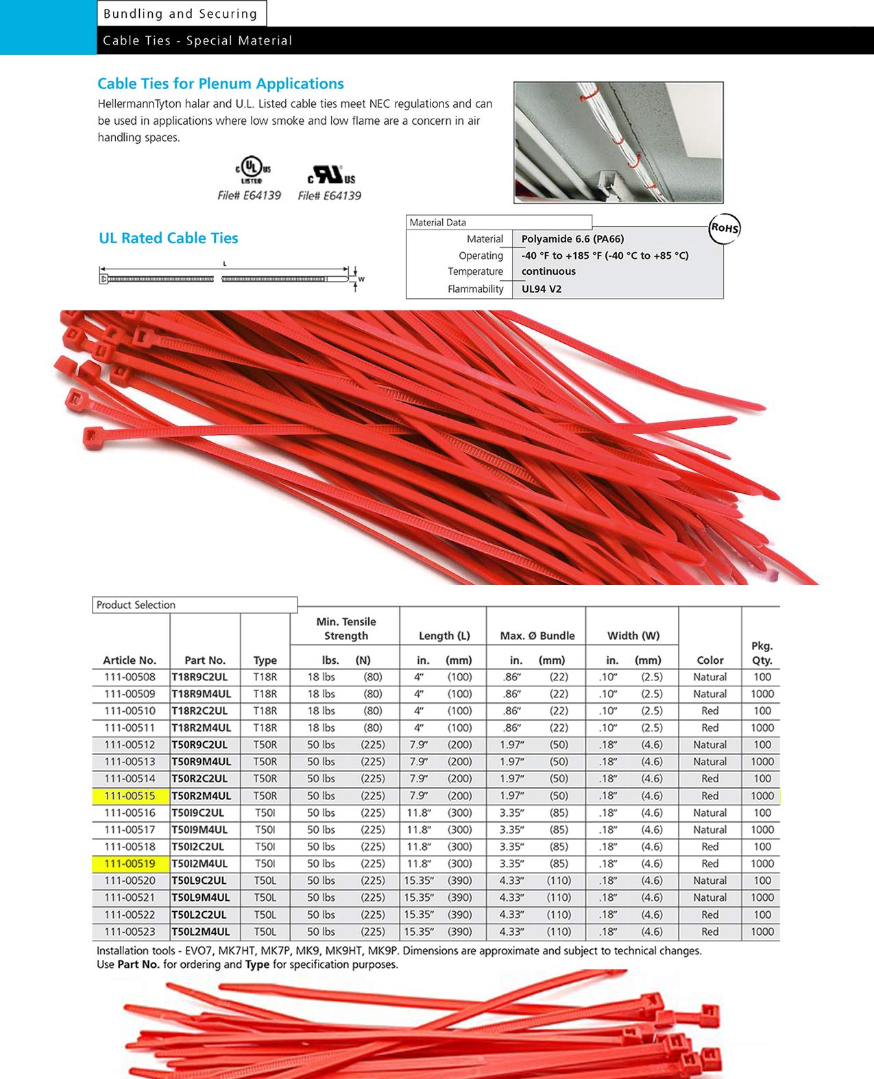 HellermannTyton T50R2M4UL 8" Red Plenum UL Rated Cable Ties - 1000PK