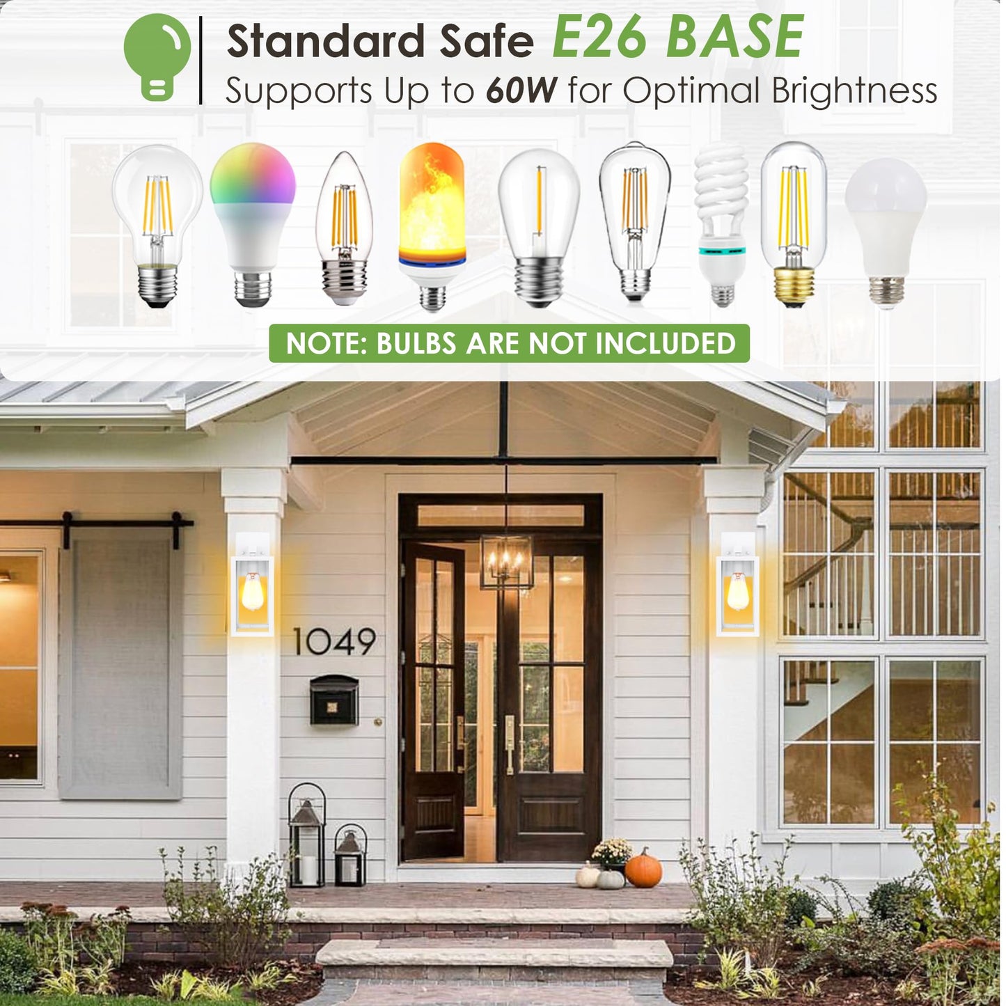GRUENLICH Waterproof Large Outdoor Wall Lanterns, Modern White Porch Sconces with Clear Glass Shade, E26 Socket Max 60W, IP65 Rated, Metal Frame