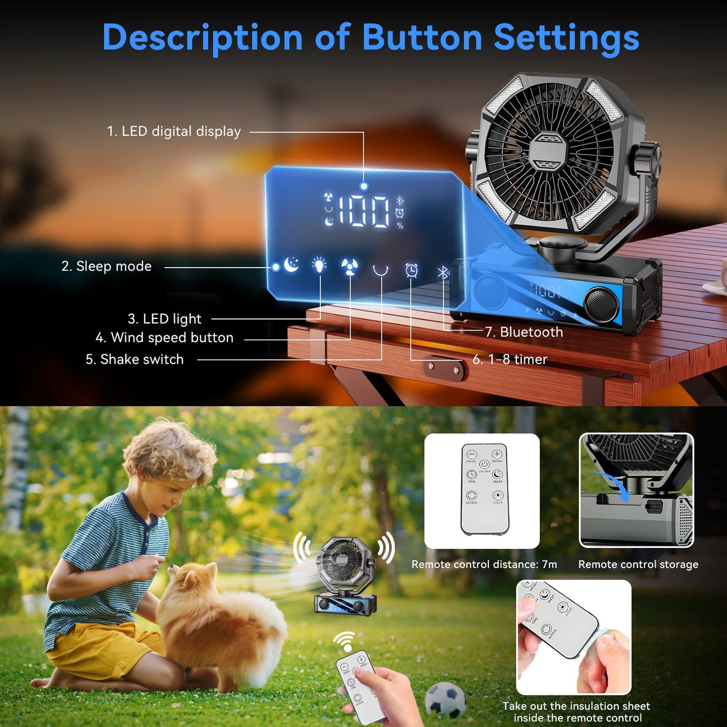 Portable fan rechargeable with 5.3 Bluetooth Speaker, 25000mAh Camping Fan with 5 Speed Touch Control & 3-Mode LED Light, Remote, USB/Type-C Ports
