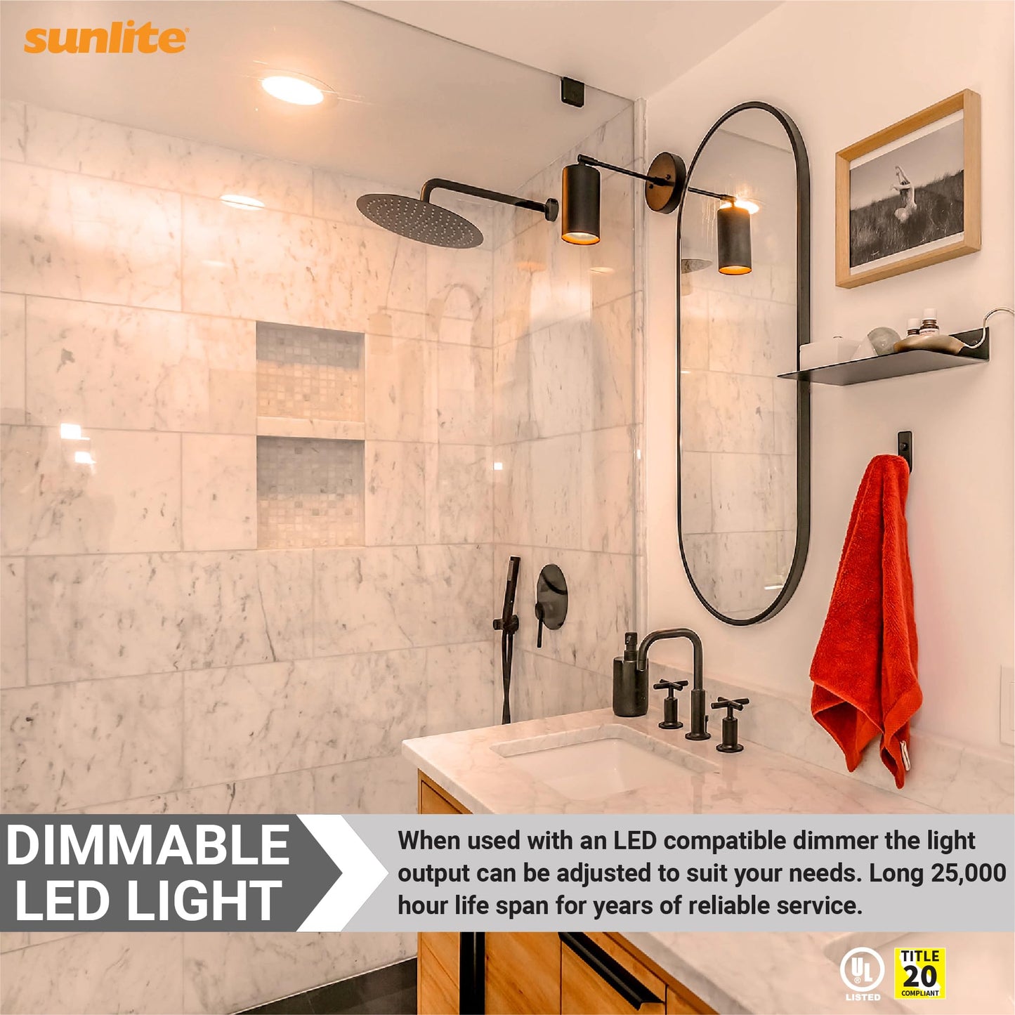 Sunlite LED 90 CRI R20 Recessed Light Bulb, 8 Watts (50W=), 525 Lumens, Dimmable, Medium Base (E26), Wide 110° Beam Angle, Title-20 Compliant, UL