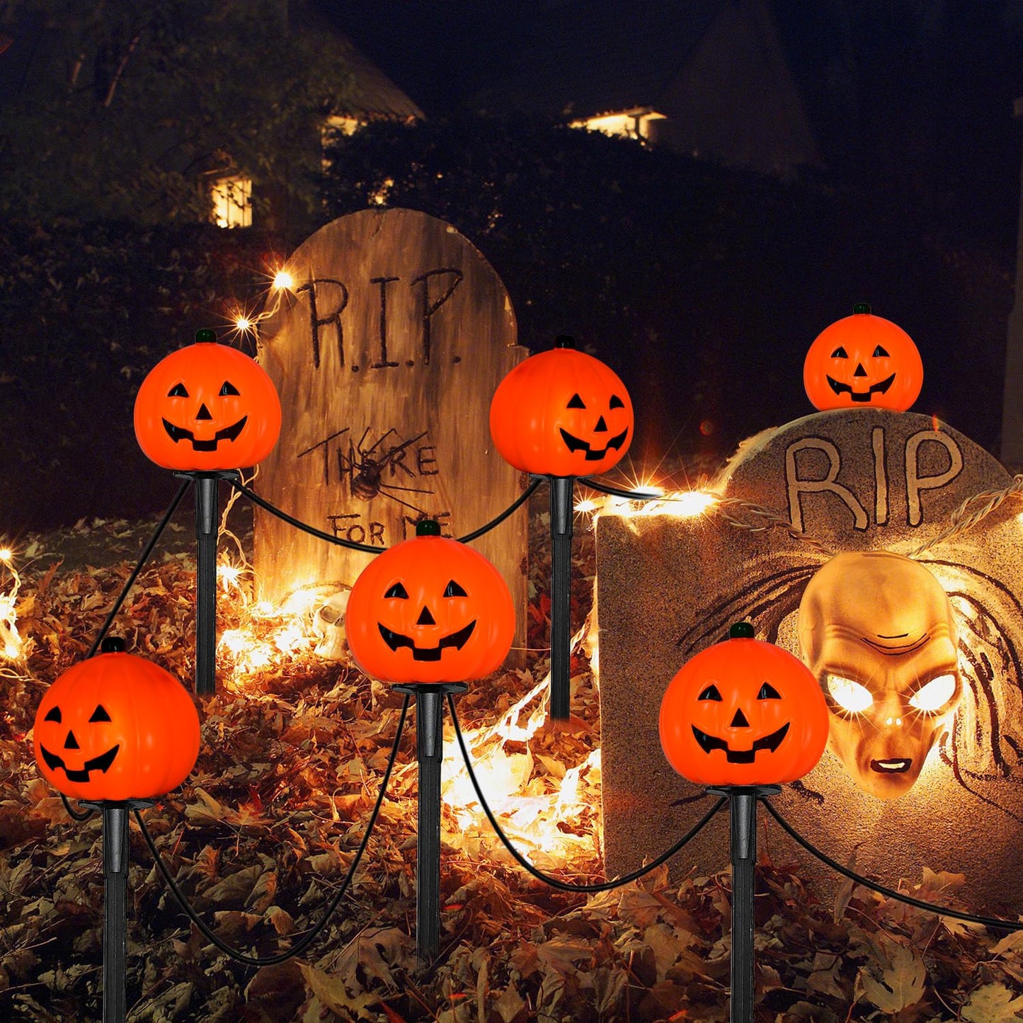 7Ft Halloween Decorations Pathway Lights Outdoor Pumpkin Stake Lights with 4 Jack-O Lantern Pumpkin Lights, 5 C7 LED Bulbs(1 Spare) and 4 Stakes