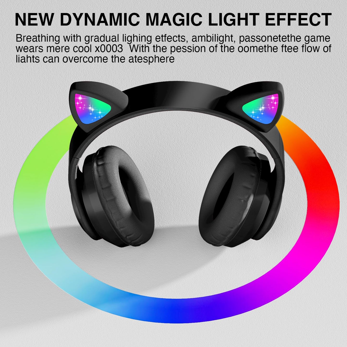 KERHAND Bluetooth Noise Cancelling Headphones for Kids,Foldable Cat Headphone with LED Light Up Ear,Cat Ear Headphones for Toddler with Microphone/TF