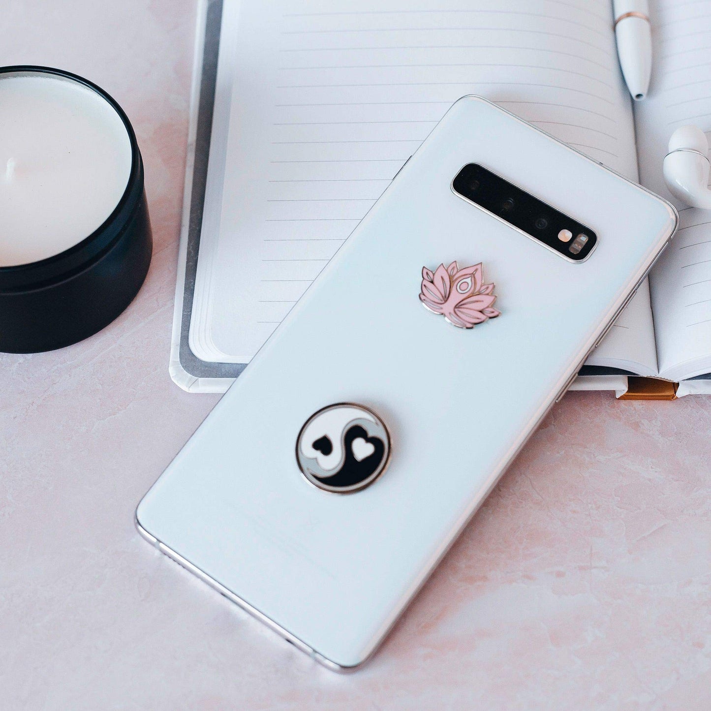 Metal Charm Stickers for Cell Phone Cases. Yin Yang and Pink Lotus Set of 2 Reusable & Removable Leaves No Residue. Symbols of Balance Harmony Love