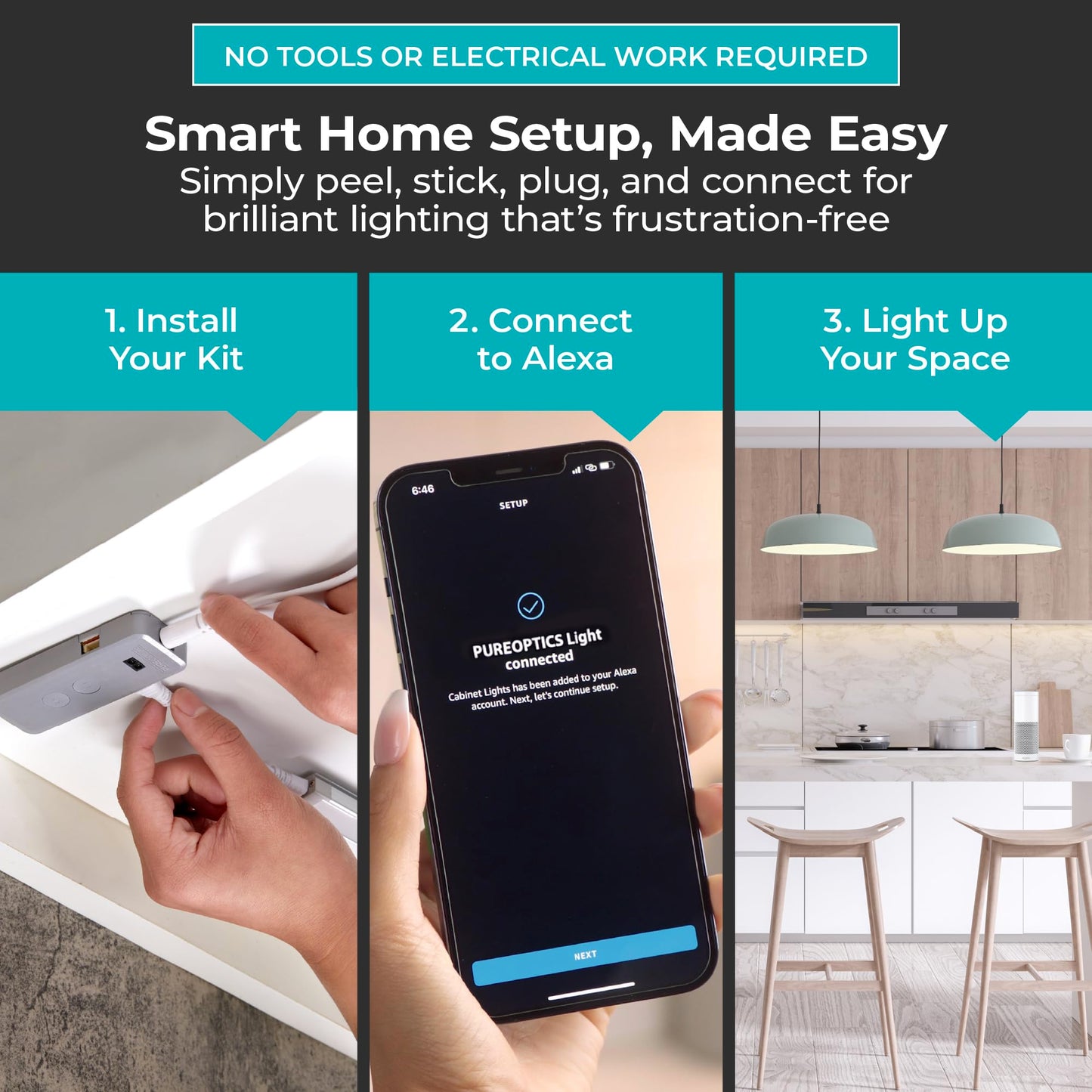 PureOptics LED Works with Alexa Smart Under Cabinet Lighting Kit, Adjustable LEDs, (6) 9" Bars, White