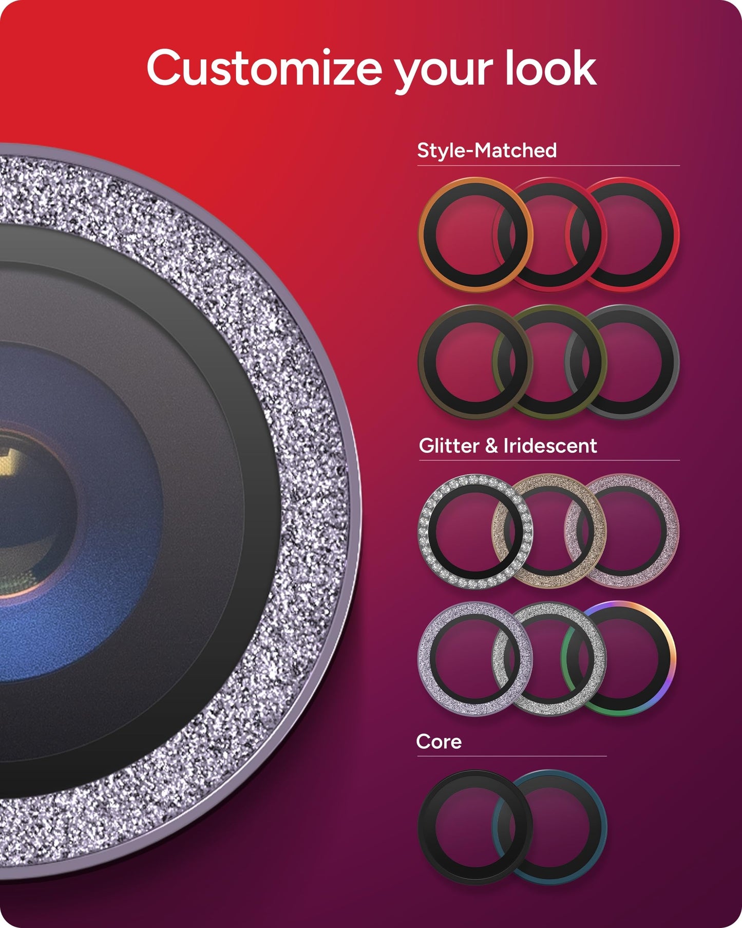 ZAGG iPhone Camera Lens Protector for iPhone 17/16/15 Pro and Pro Max Models - Purple Glitter, Camera Ring, Maximum Impact & Scratch Protection