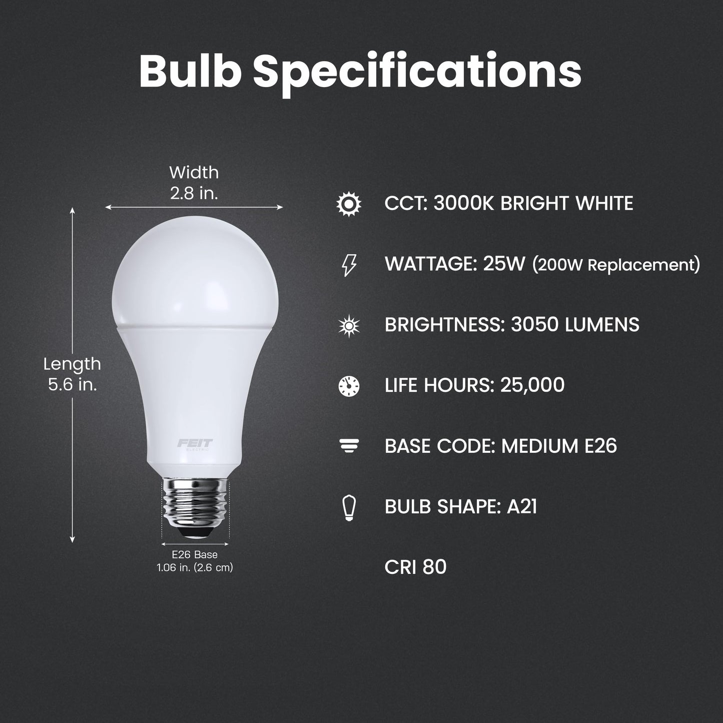 Feit Electric A21 LED Light Bulb 200W Eq, Bright White