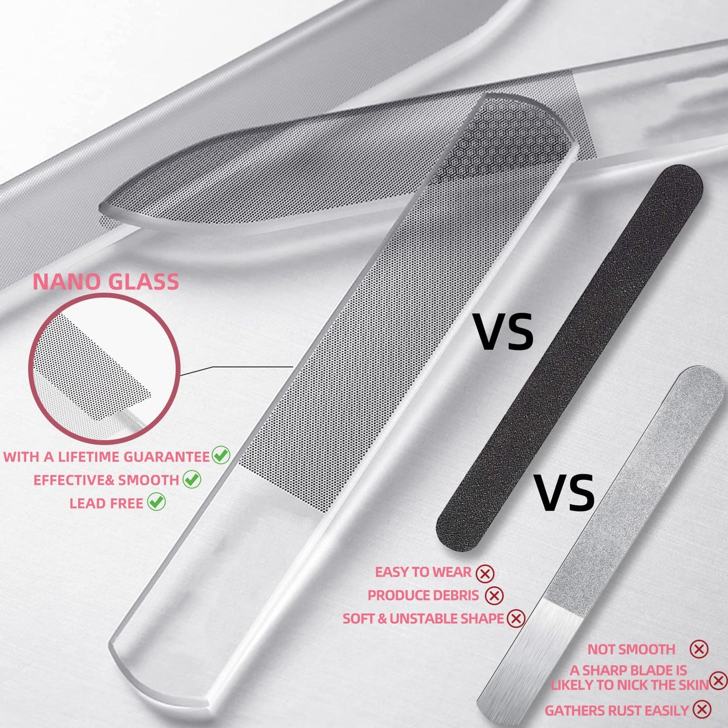 RedFlow Glass Nail File & Buffer Set – 2 Nano Glass Nail Files + 1 Foot File, Professional Manicure Set for Natural Nails & Callus Removal