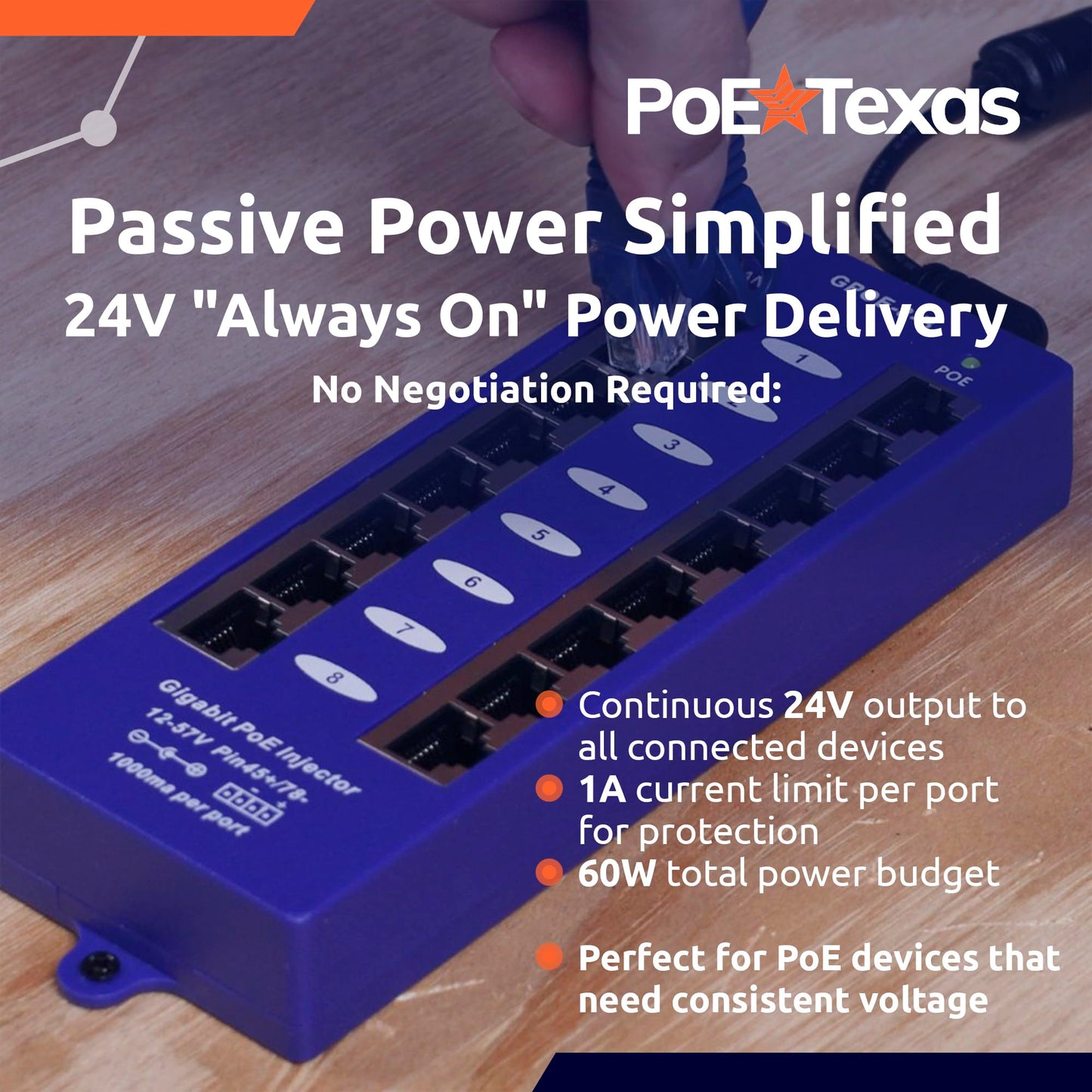 PoE Texas 8 Port Gigabit Passive PoE Injector with 24V 60W Power Supply - Replace 8 Injectors with One Clean Installation - Wall Mount Injector