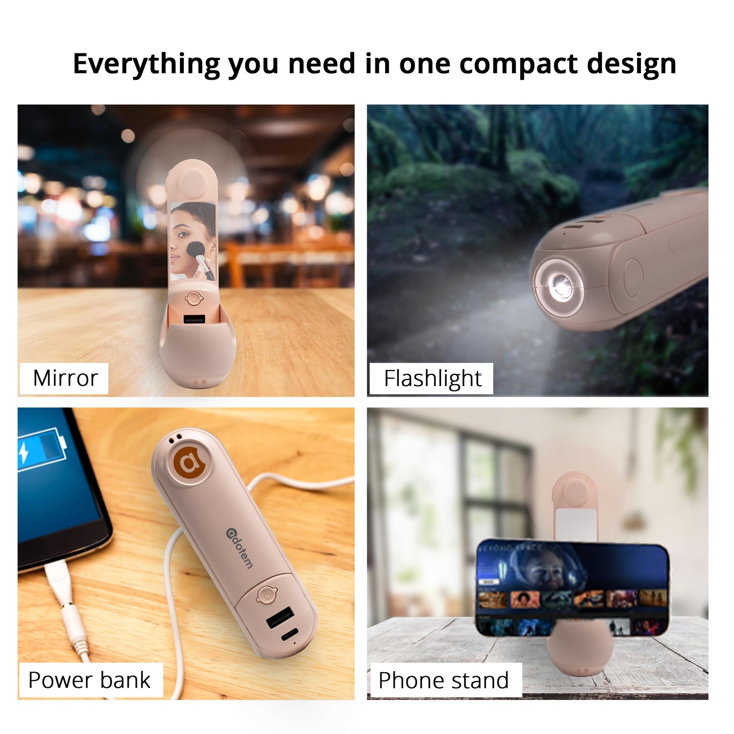 4 IN 1 Portable Handheld Fan - Multifunctional USB Rechargeable Foldable Cooling Fan with Power Bank, Flashlight, Mirror for Women’s Makeup, 3 Speeds