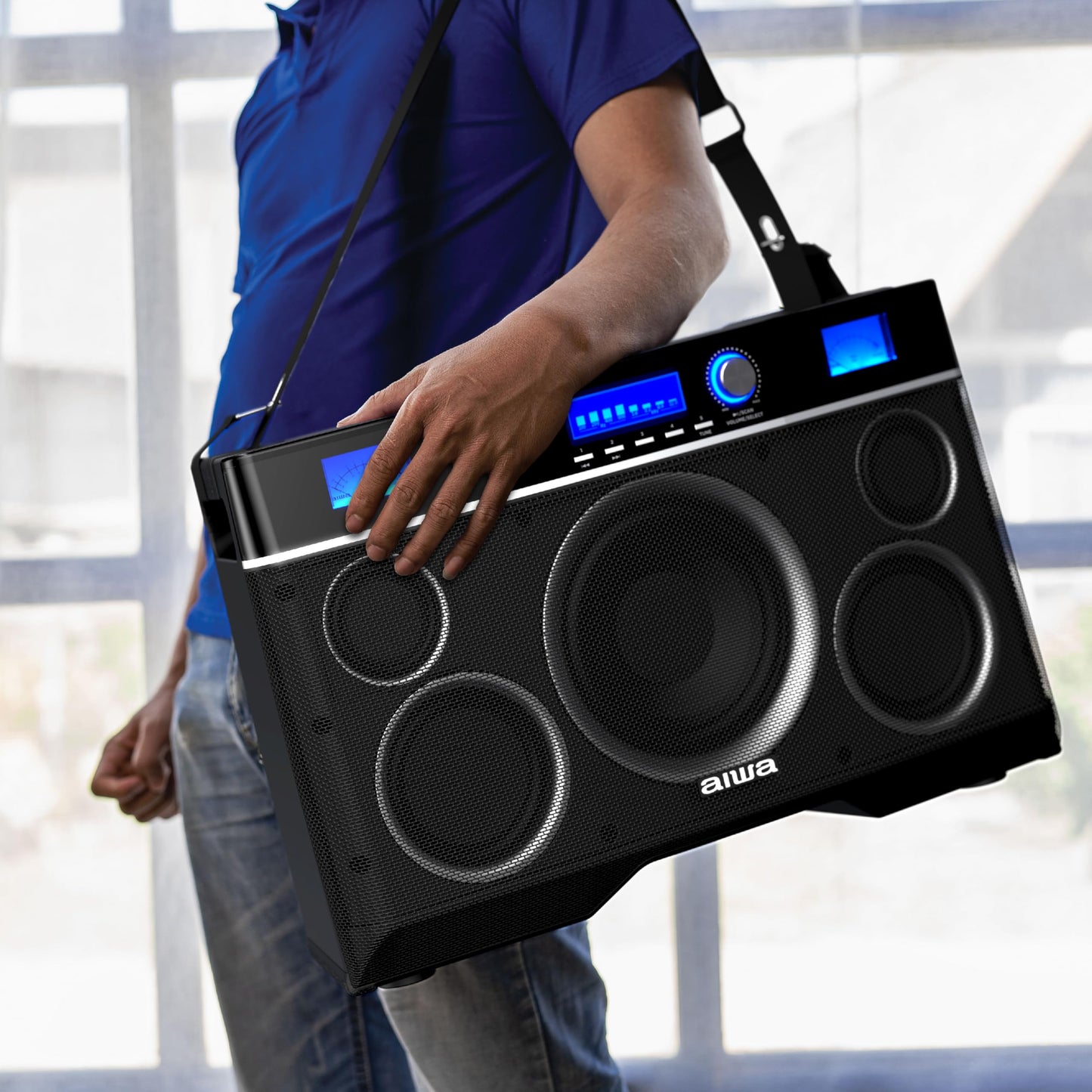 Aiwa Exos-10 Portable Bluetooth Speaker, 200W RMS Power, 6.5” Subwoofer, Deep Bass, Party Sync, Backlit Display, FM/BT/USB/AUX, Remote Control, Carry