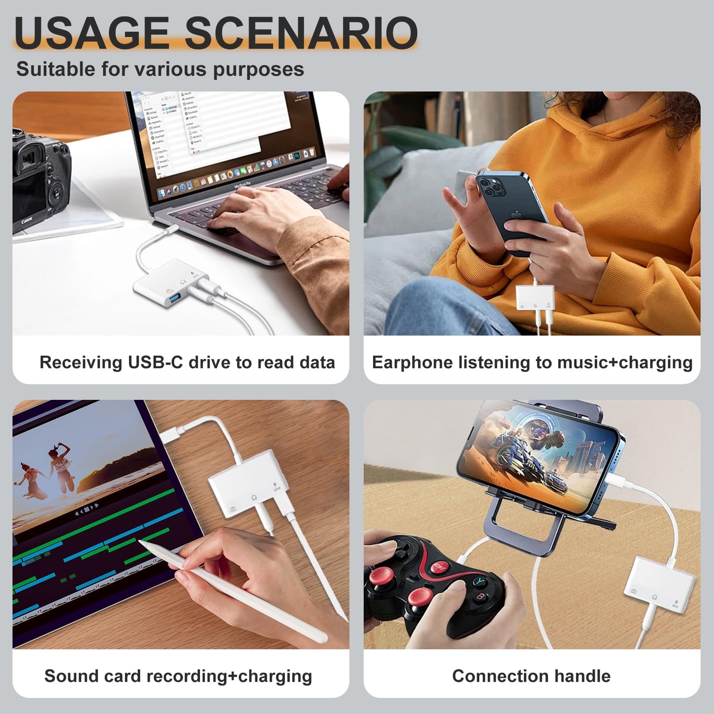 MTIQHS Aux to USB C to USB Adapter, 3-in-1 USB OTG Adapter with USB C to 3.5mm Audio Adapter and 60W PD Fast Charging Port, Compatible